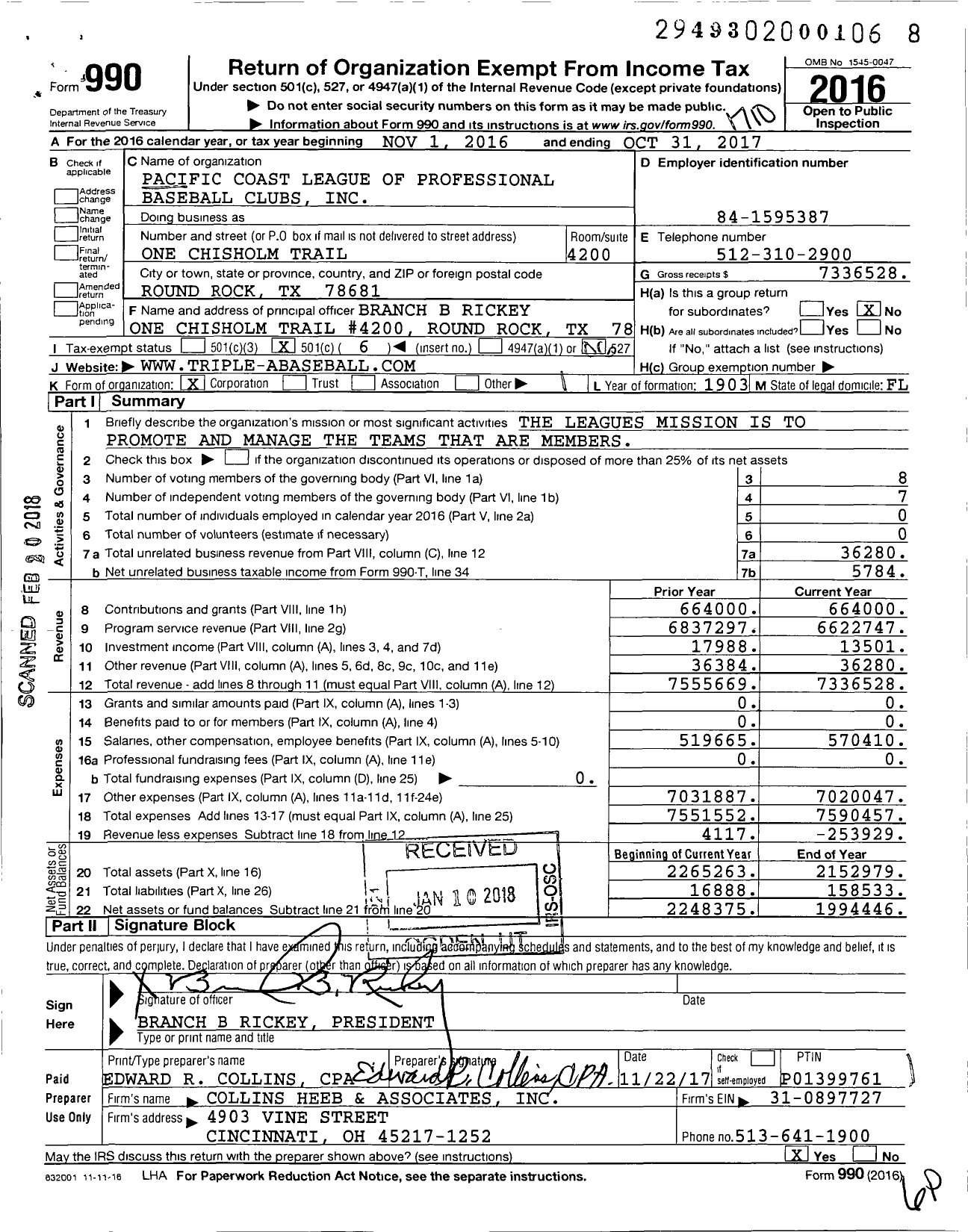 Image of first page of 2016 Form 990O for Pacific Coast League of Professional Baseball Clubs