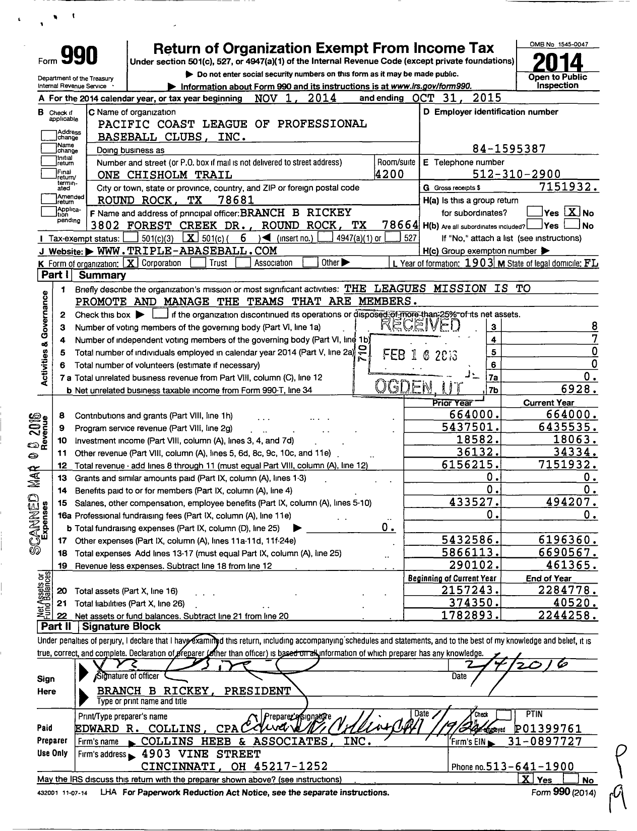 Image of first page of 2014 Form 990O for Pacific Coast League of Professional Baseball Clubs