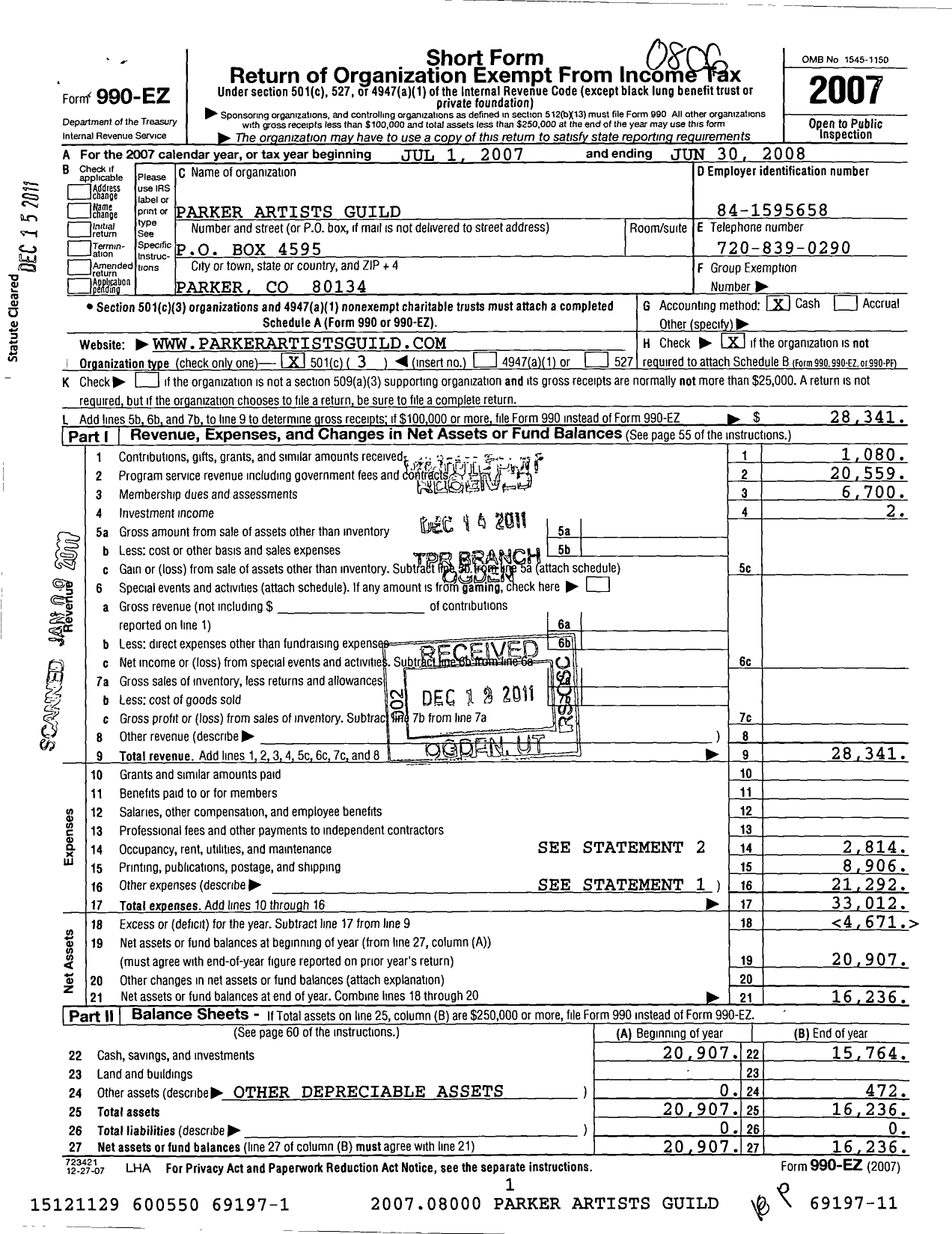 Image of first page of 2007 Form 990EZ for Parker Artist Guild