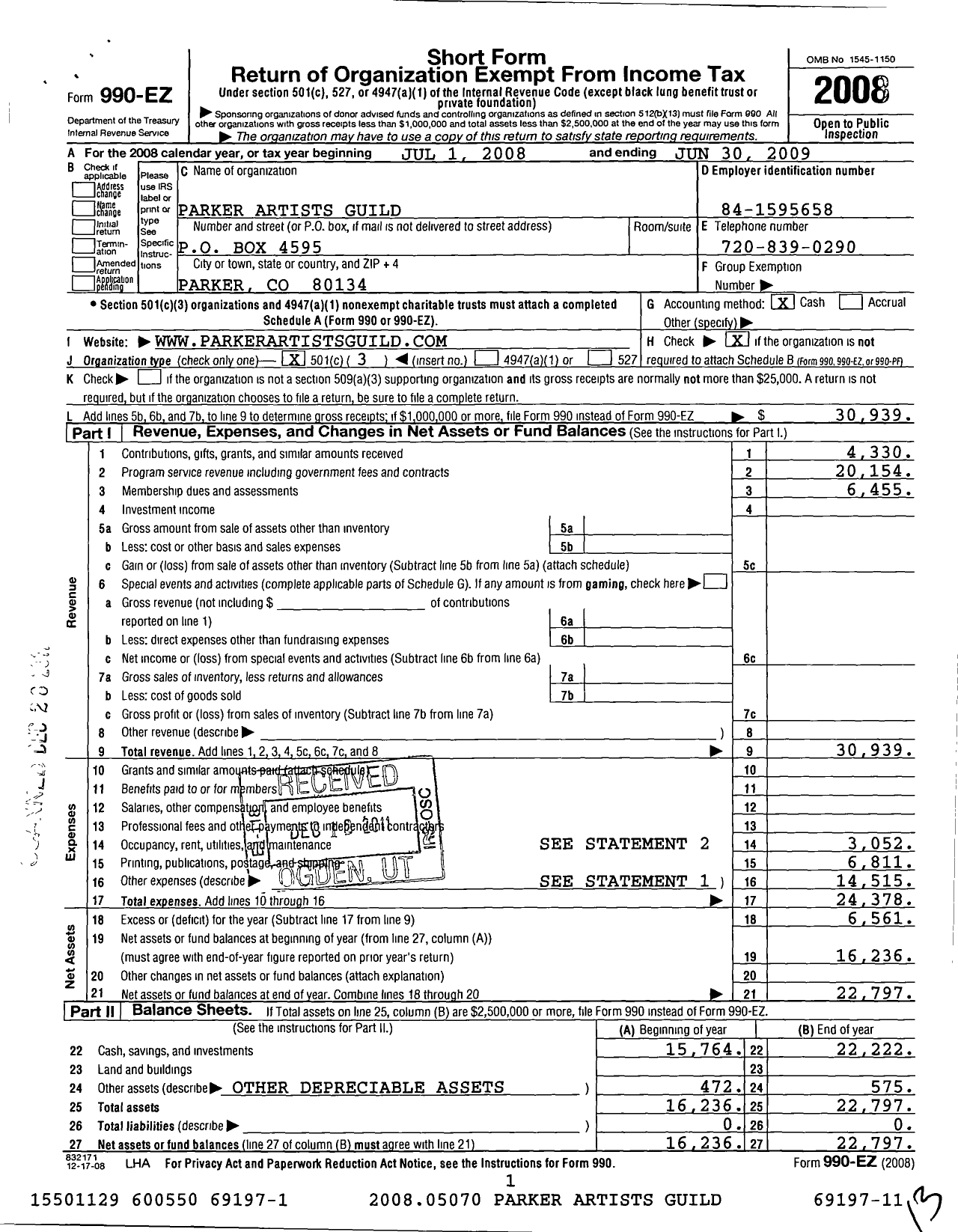 Image of first page of 2008 Form 990EZ for Parker Artist Guild