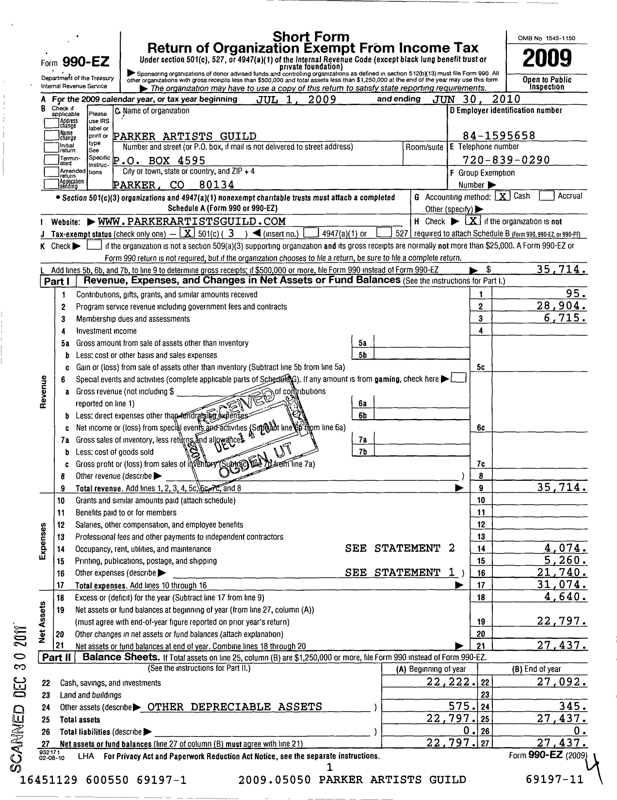 Image of first page of 2009 Form 990EZ for Parker Artist Guild