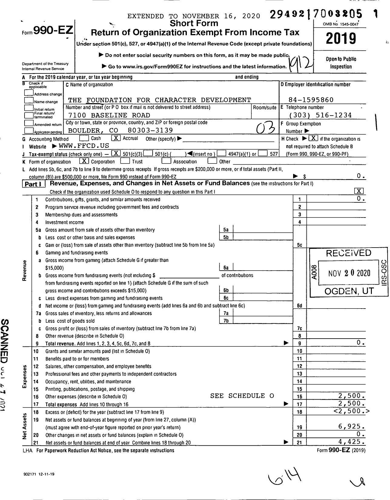 Image of first page of 2019 Form 990EZ for The Foundation for Character Development