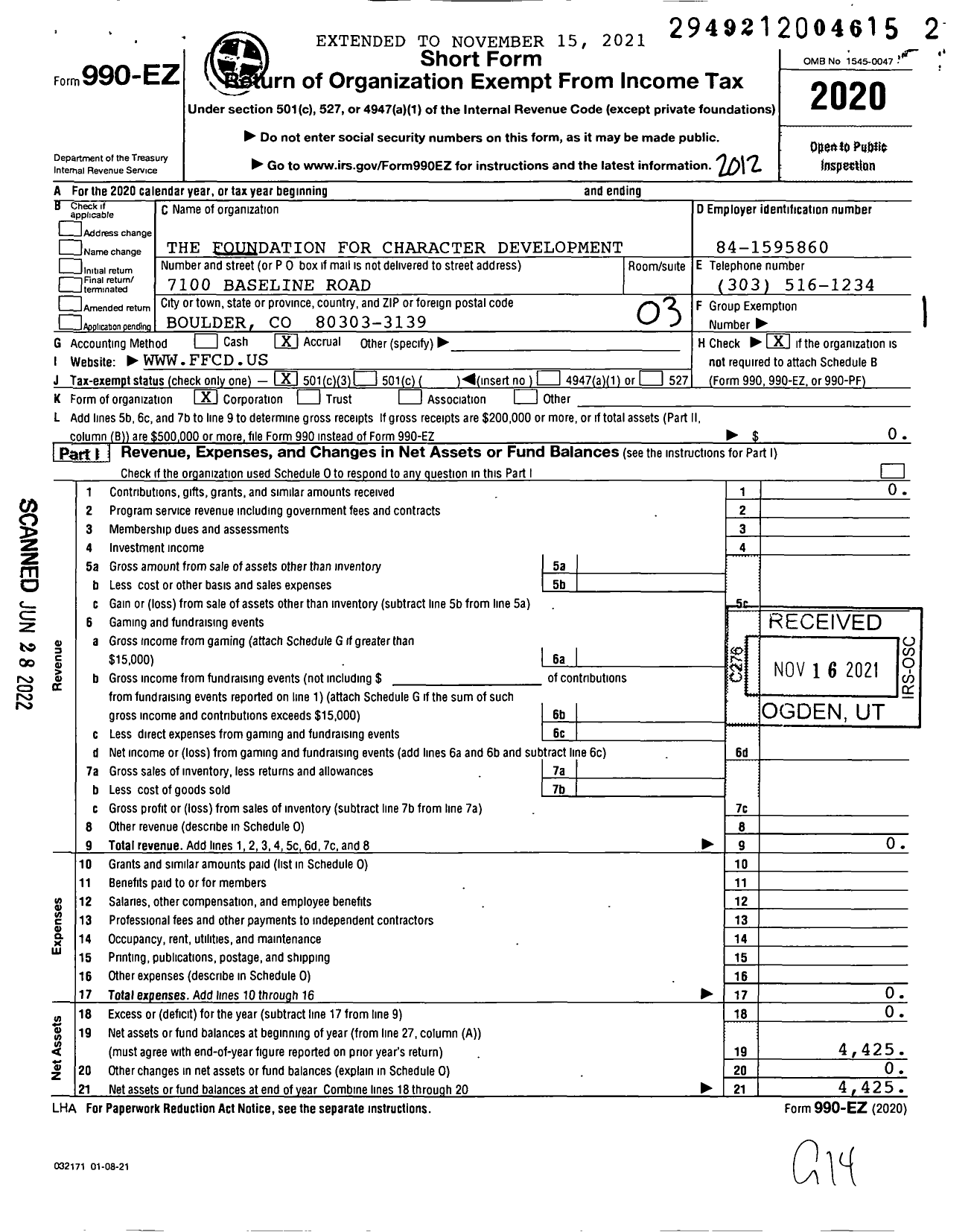 Image of first page of 2020 Form 990EZ for The Foundation for Character Development