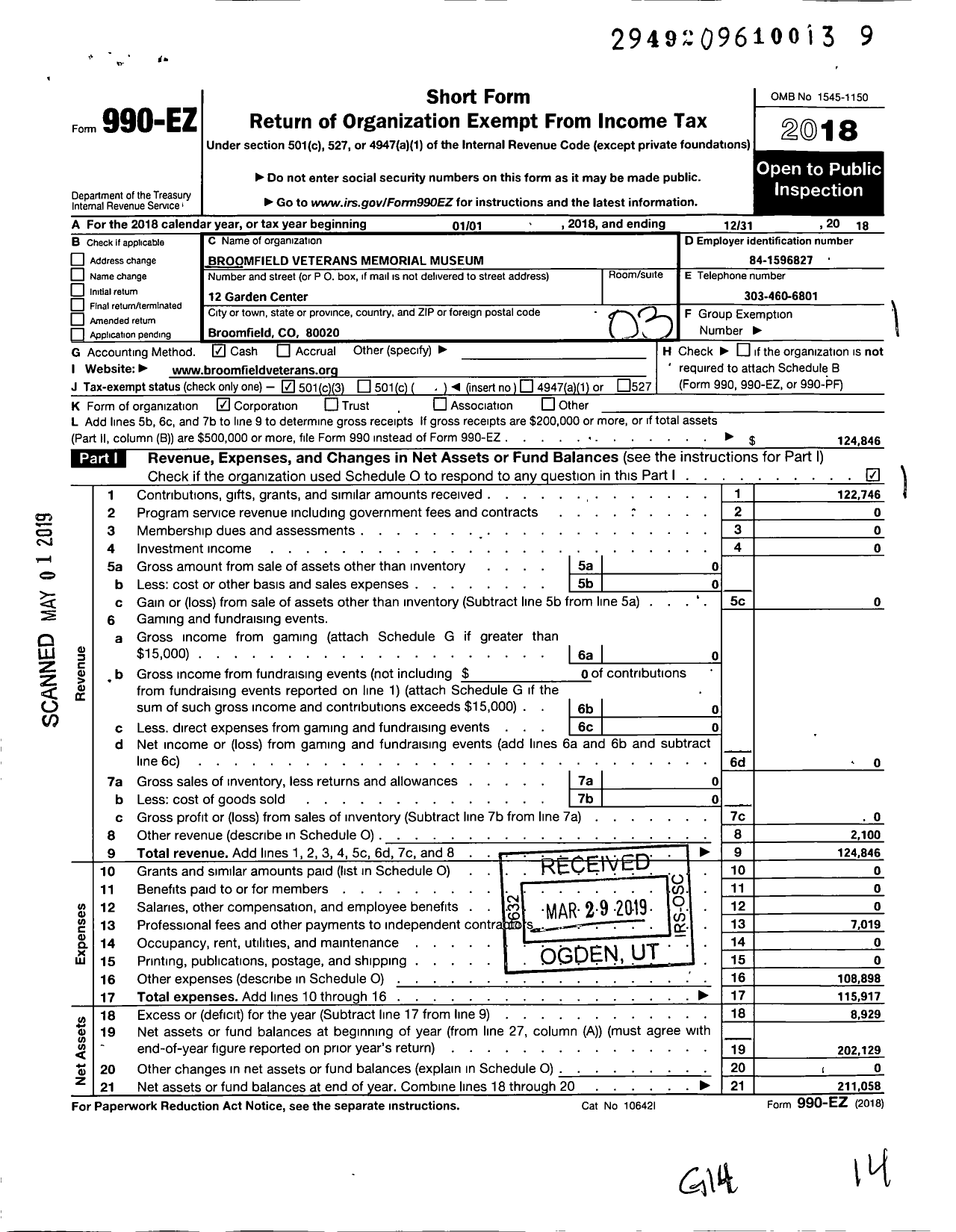 Image of first page of 2018 Form 990EZ for Broomfield Veterans Memorial Museum