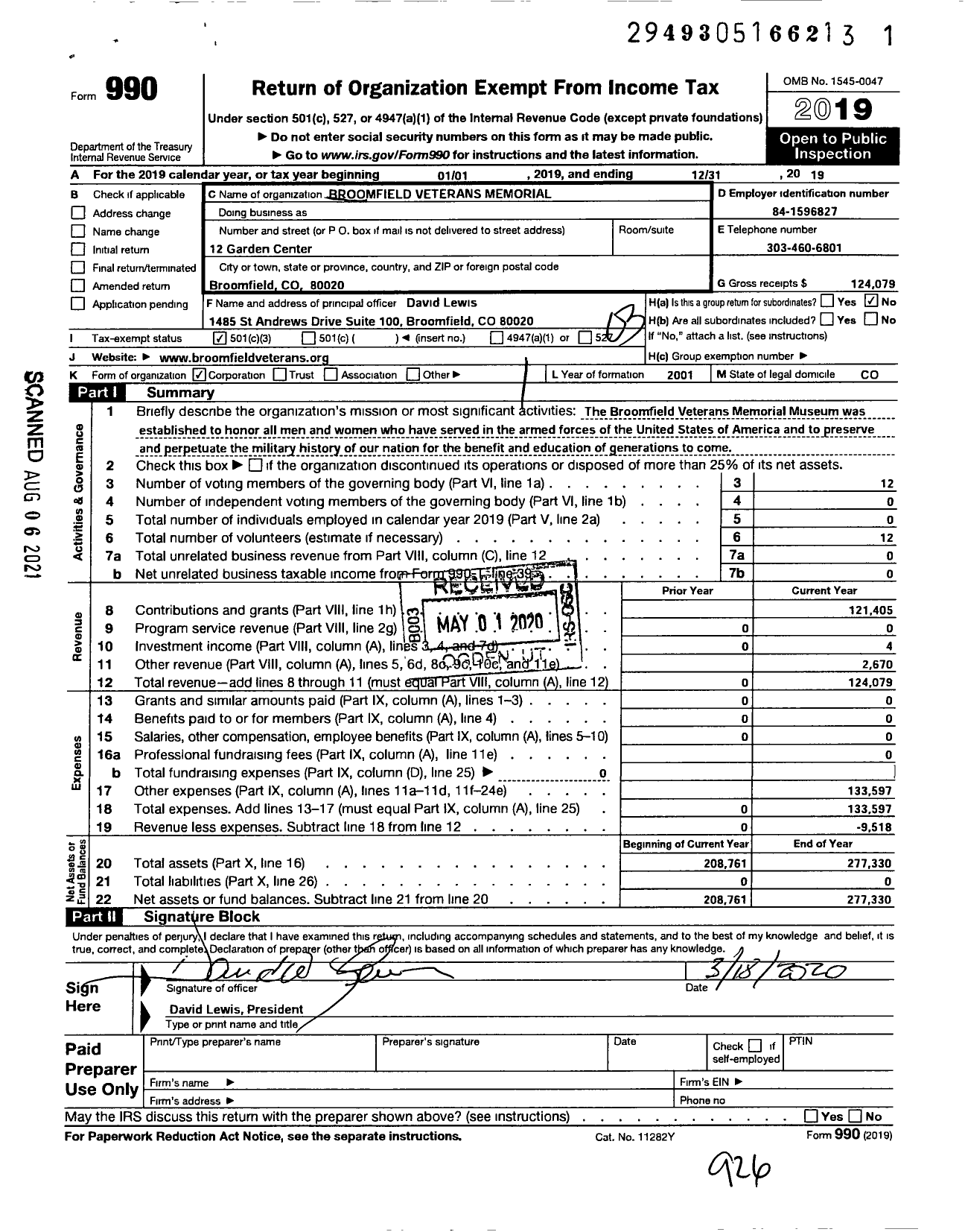 Image of first page of 2019 Form 990 for Broomfield Veterans Memorial Museum