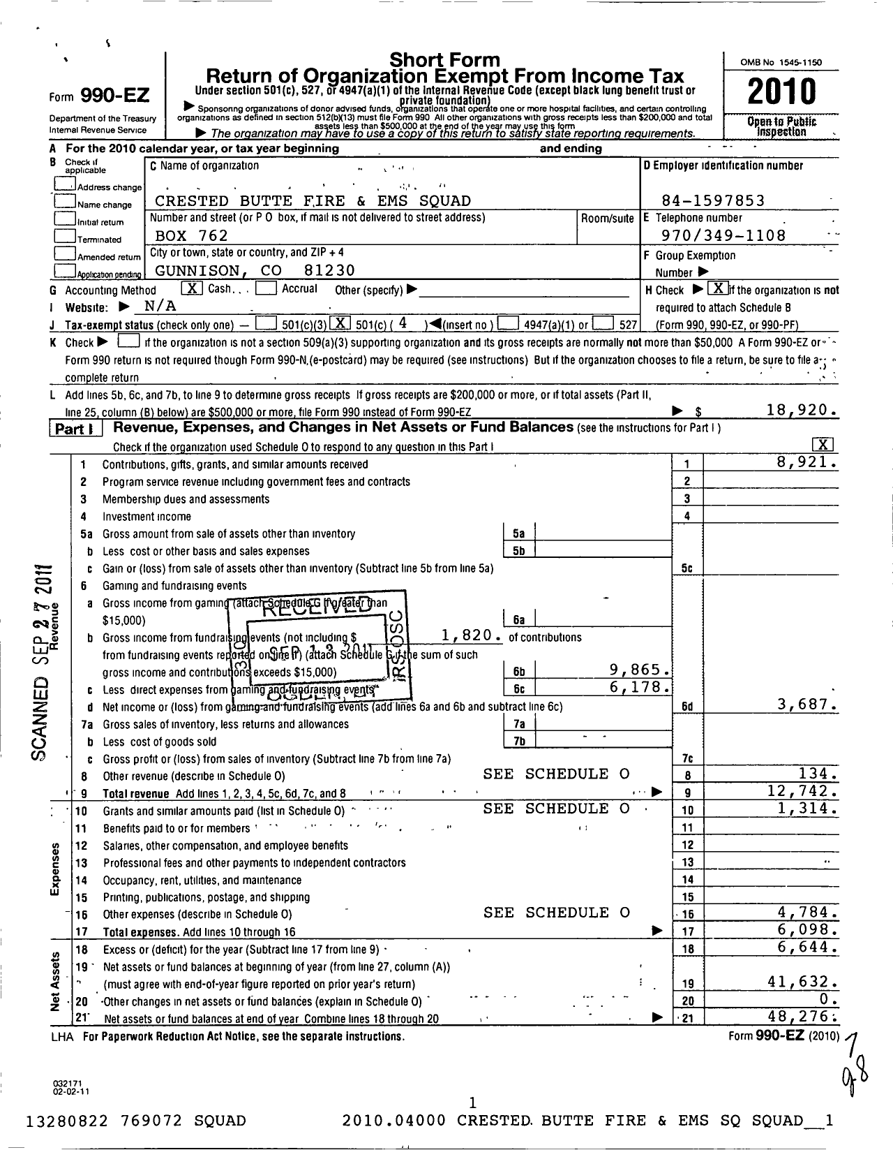 Image of first page of 2010 Form 990EO for Crested Butte Fire and Ems Squad