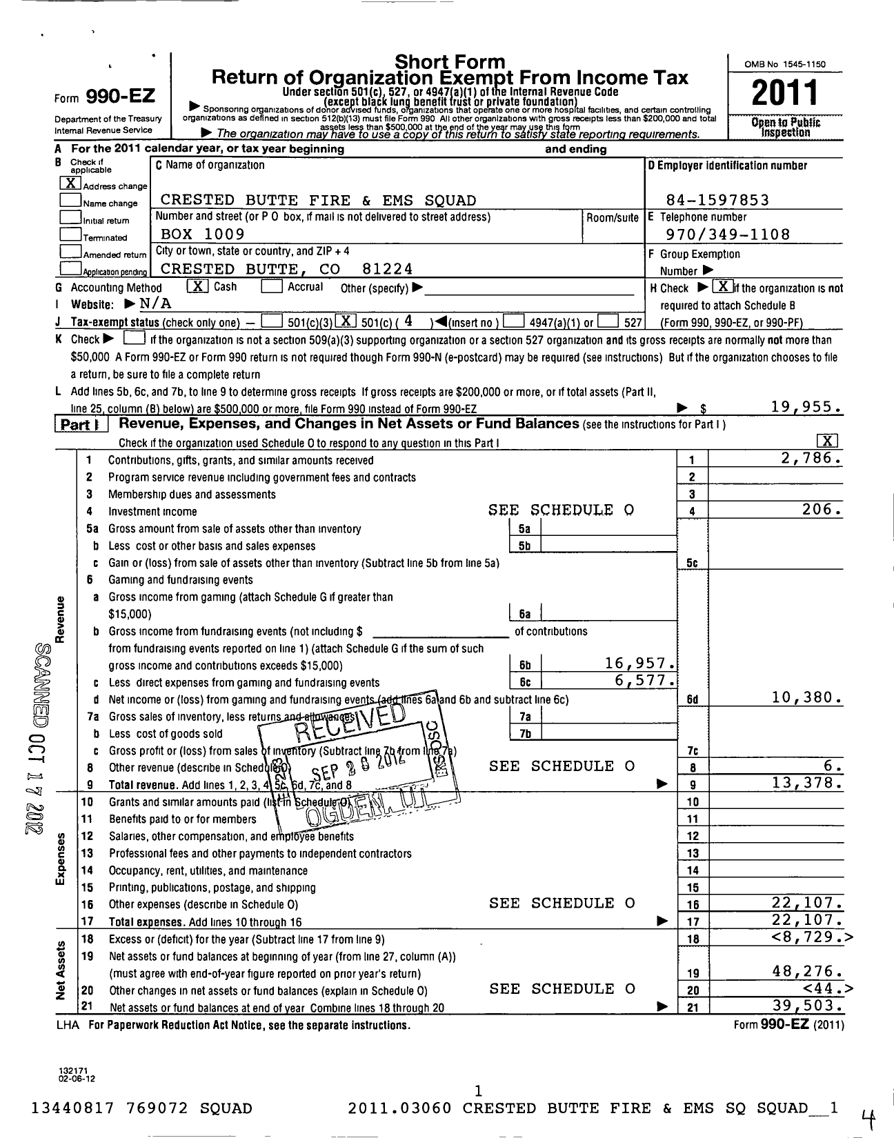 Image of first page of 2011 Form 990EO for Crested Butte Fire and Ems Squad