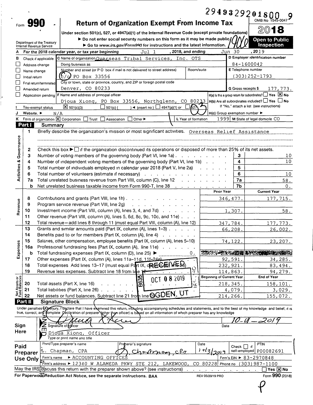 Image of first page of 2018 Form 990 for Overseas Tribal Services (OTS)