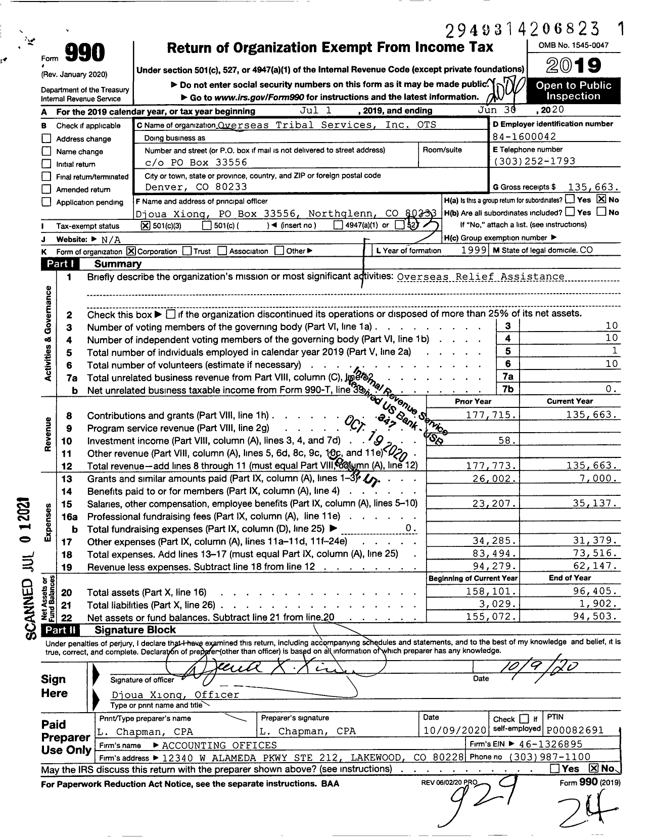 Image of first page of 2019 Form 990 for Overseas Tribal Services (OTS)