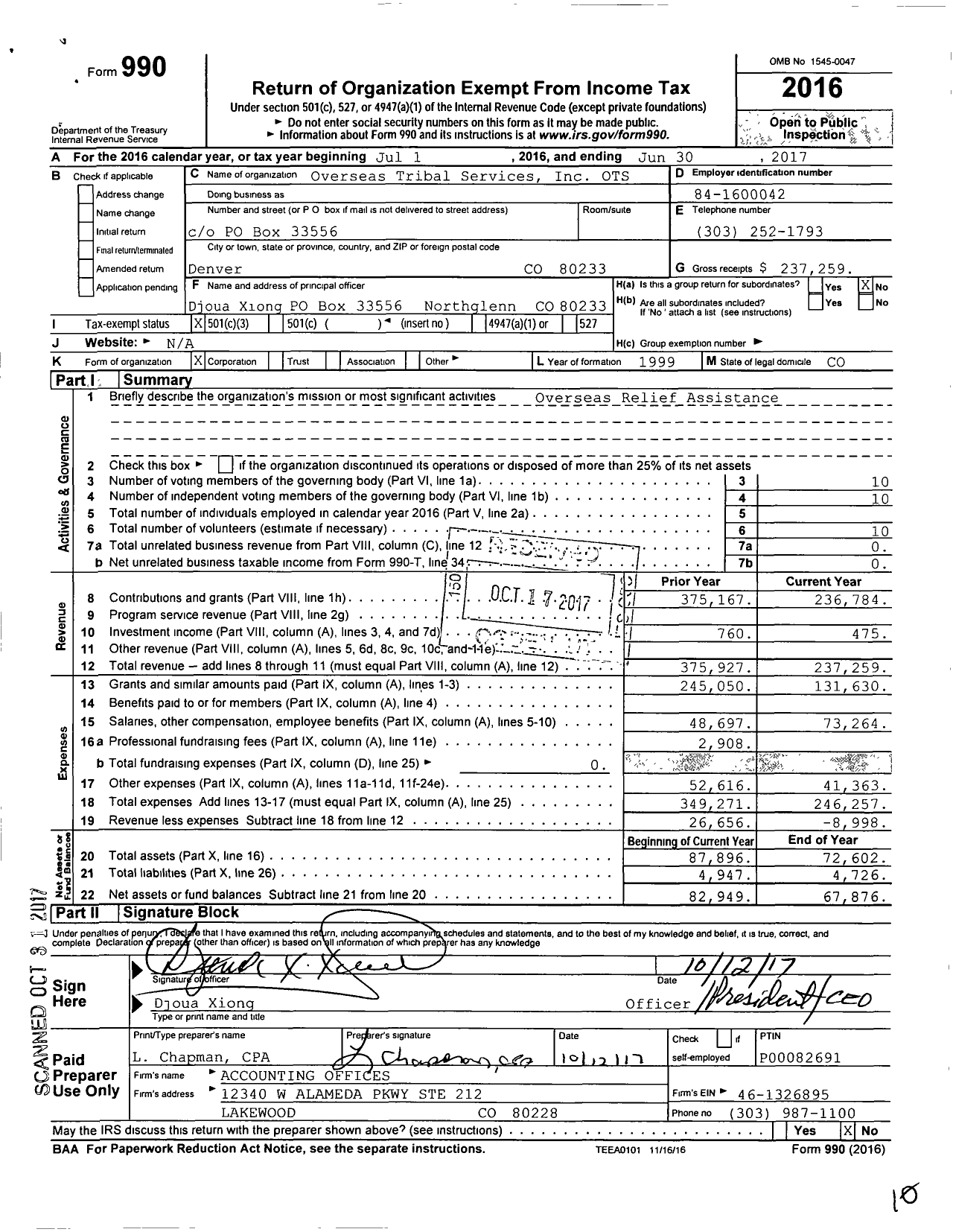 Image of first page of 2016 Form 990 for Overseas Tribal Services (OTS)