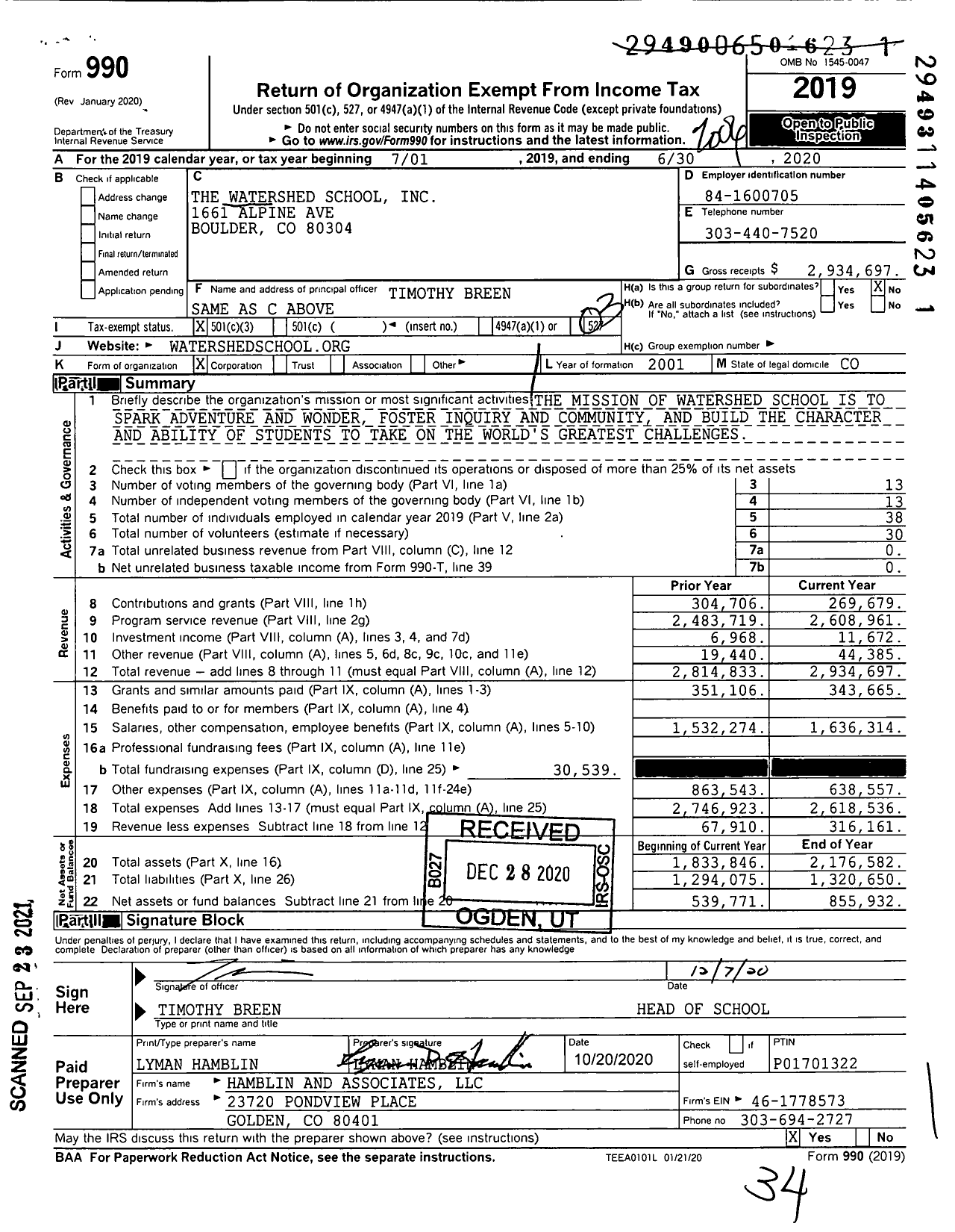 Image of first page of 2019 Form 990 for Watershed School