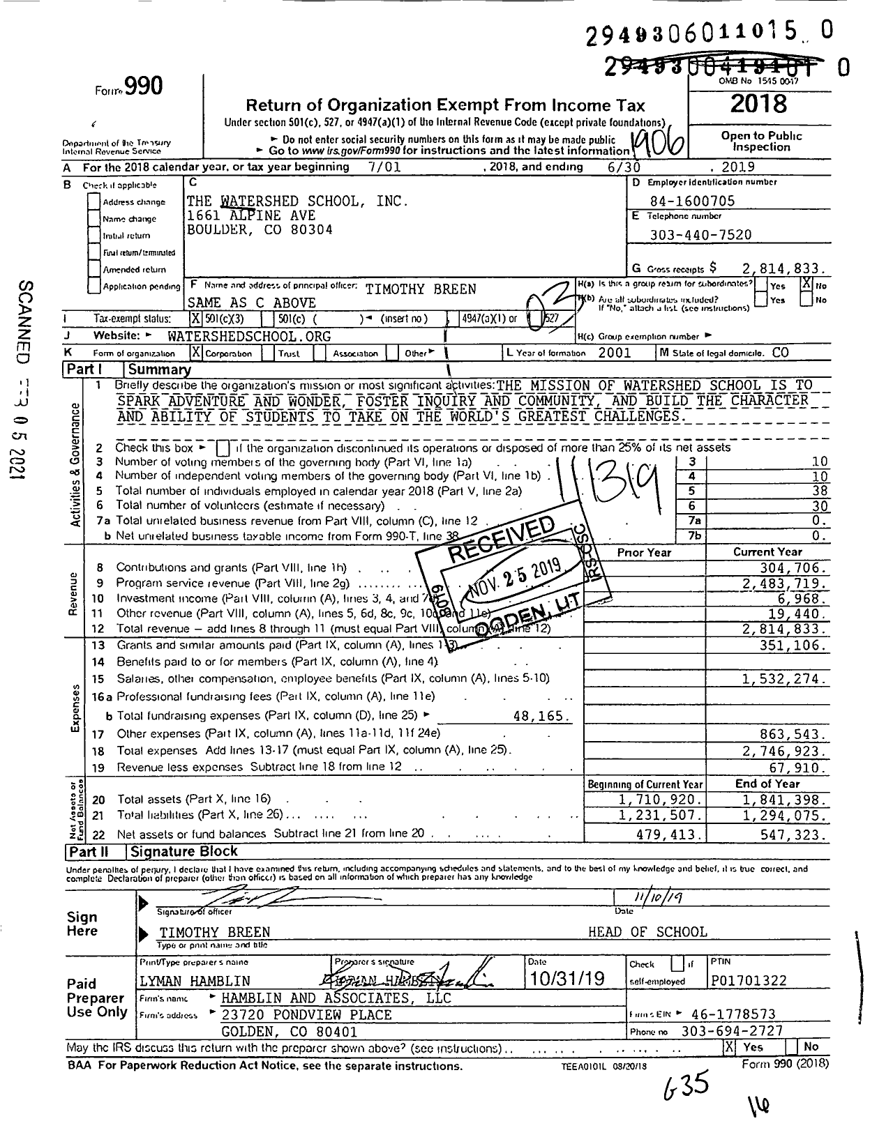 Image of first page of 2018 Form 990 for Watershed School
