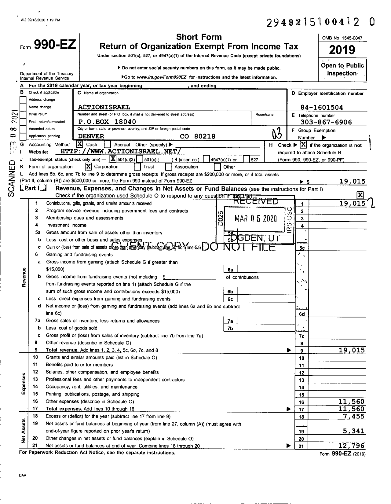 Image of first page of 2019 Form 990EZ for Actionisreal