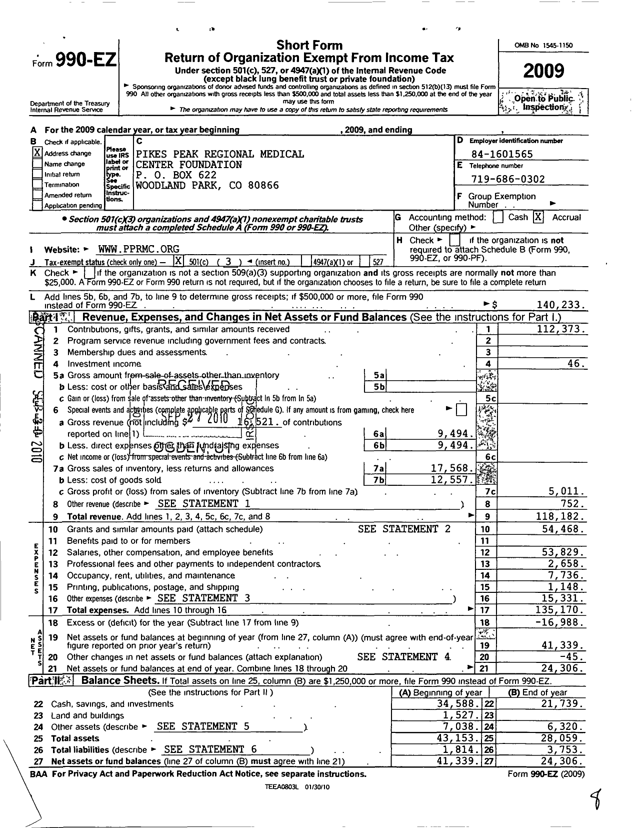 Image of first page of 2009 Form 990EZ for Pikes Peak Regional Medical Center Foundation