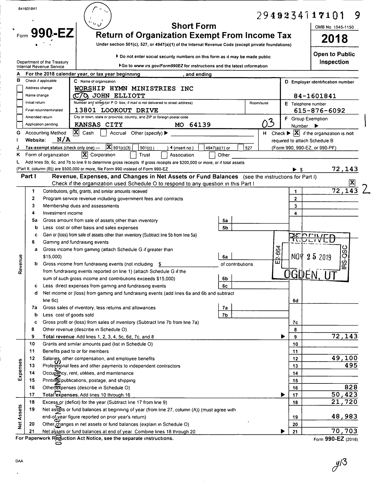 Image of first page of 2018 Form 990EZ for Worship Hymn Ministries