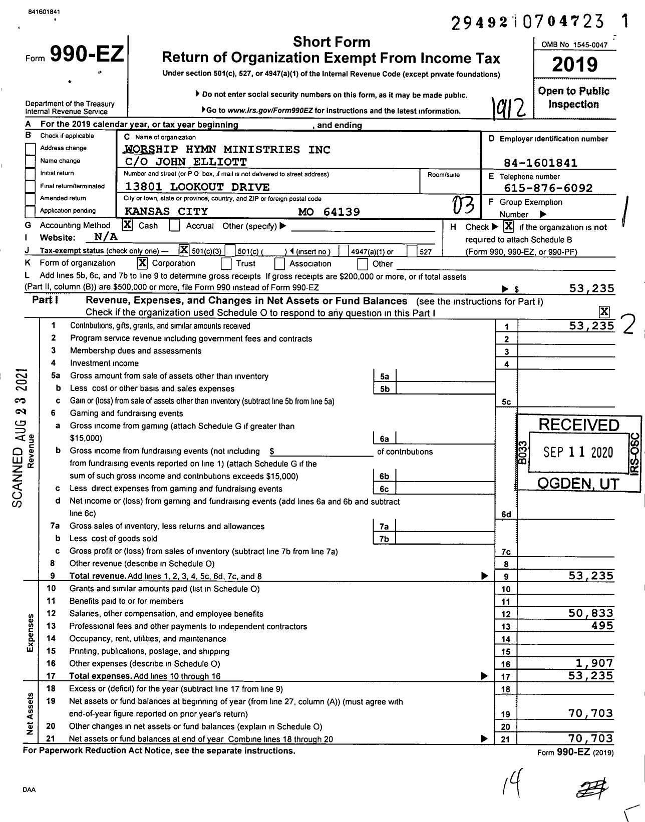 Image of first page of 2019 Form 990EZ for Worship Hymn Ministries