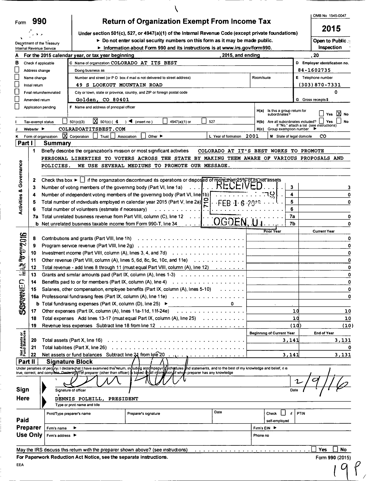 Image of first page of 2015 Form 990O for Colorado at Its Best