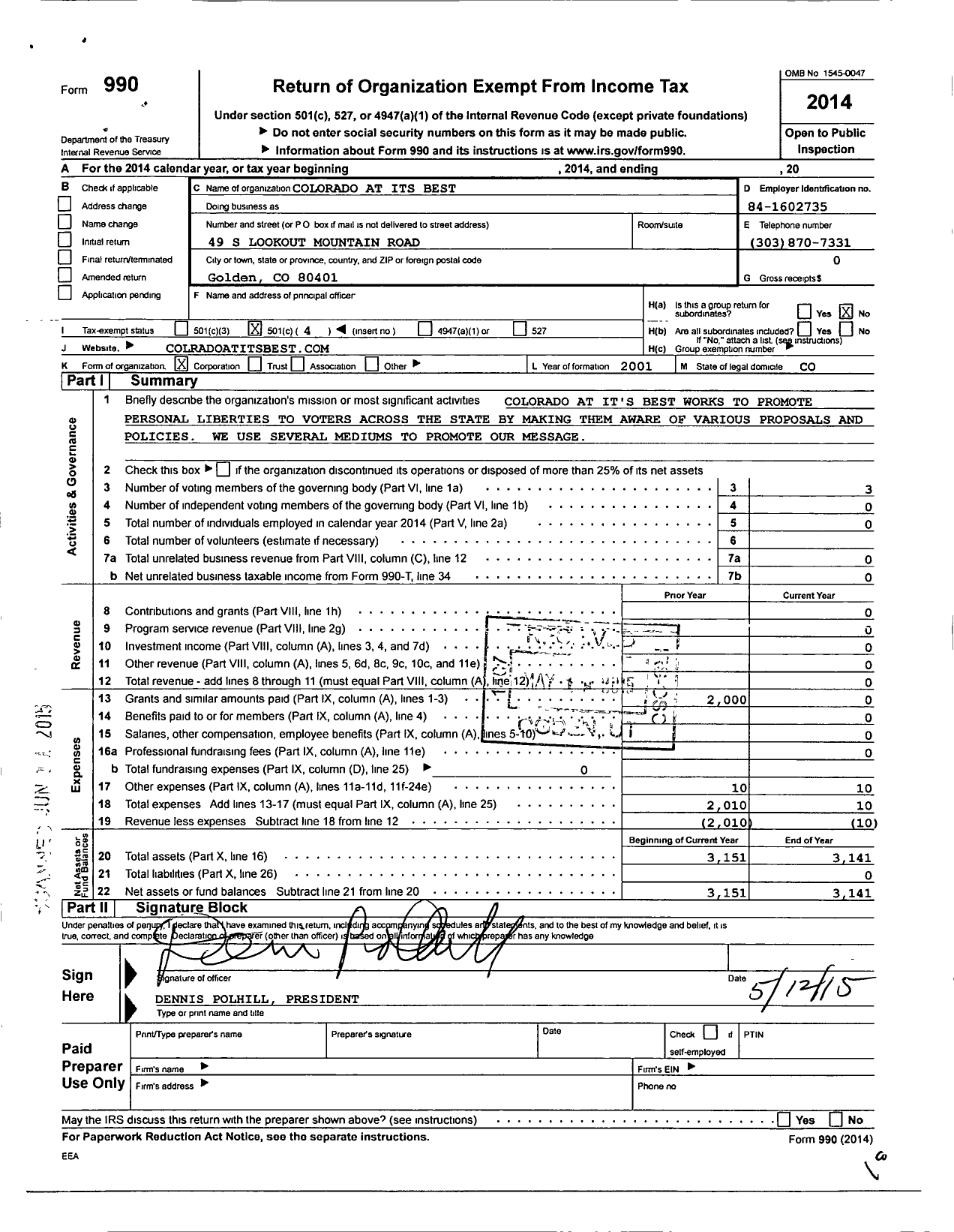 Image of first page of 2014 Form 990O for Colorado at Its Best