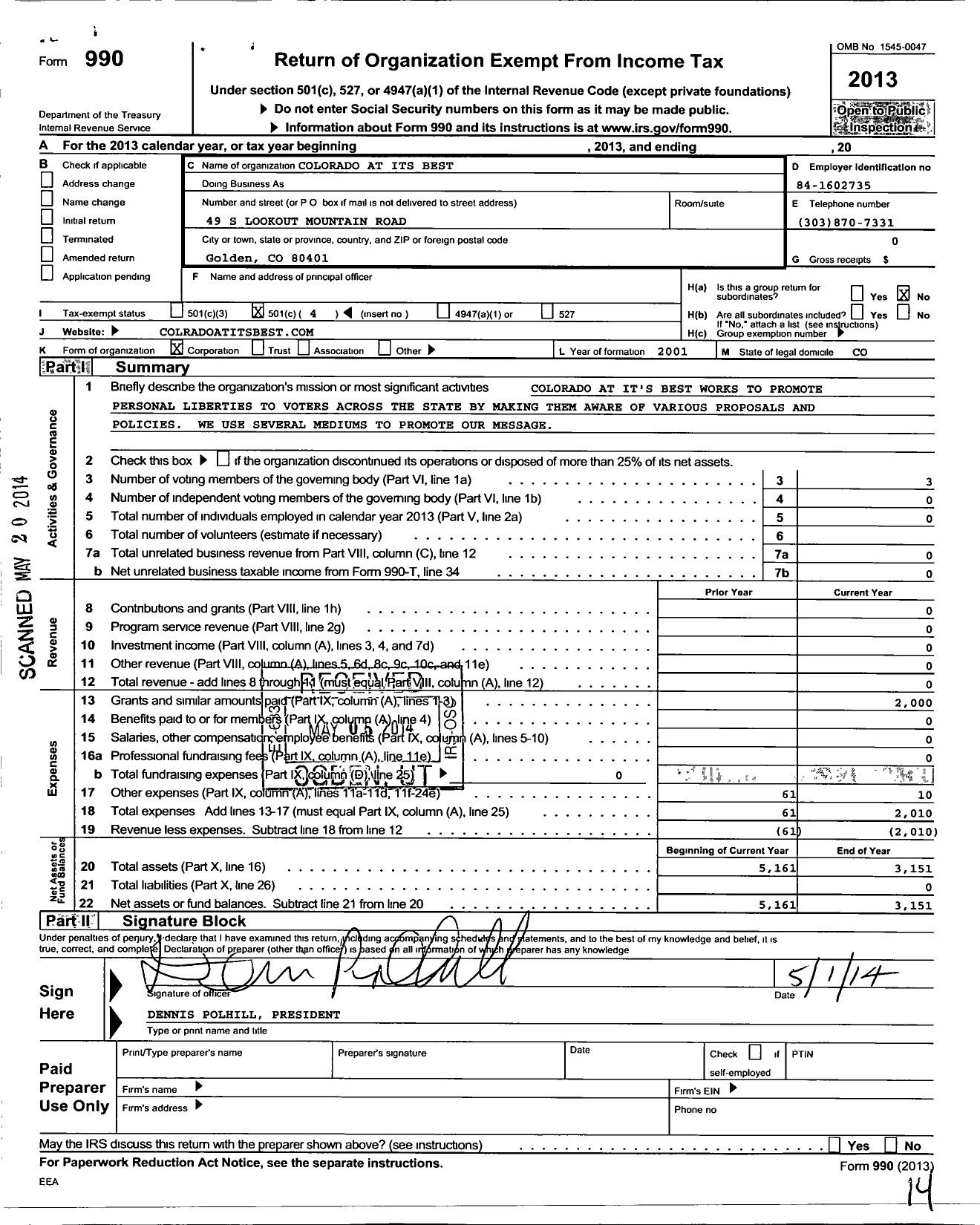 Image of first page of 2013 Form 990O for Colorado at Its Best