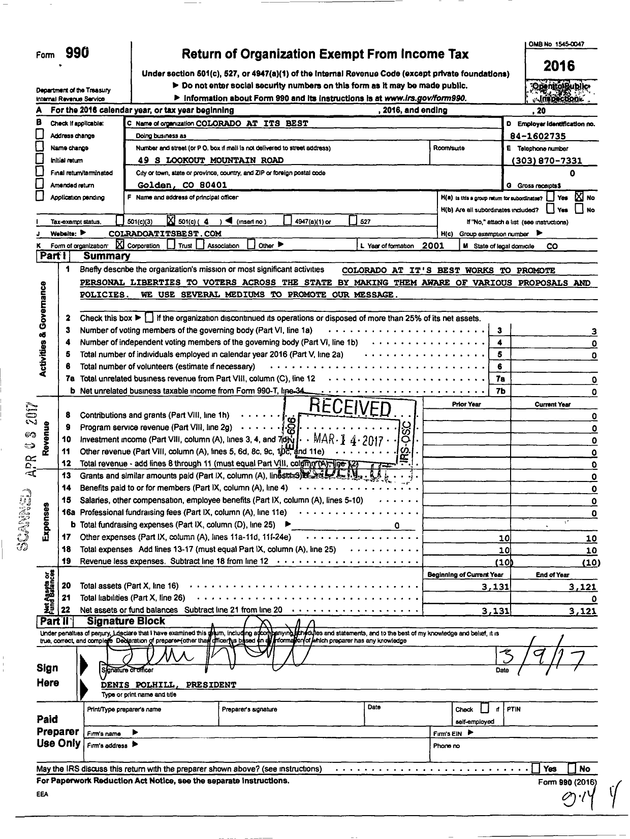 Image of first page of 2016 Form 990O for Colorado at Its Best