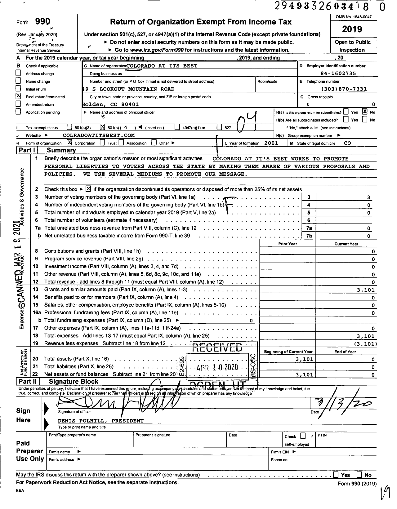 Image of first page of 2019 Form 990O for Colorado at Its Best