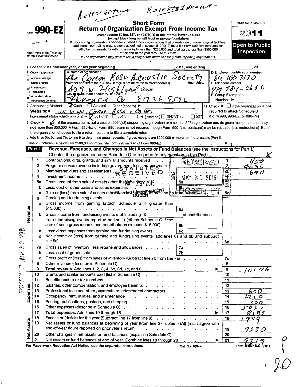 Image of first page of 2011 Form 990EZ for Canon Rose Acoustic Society