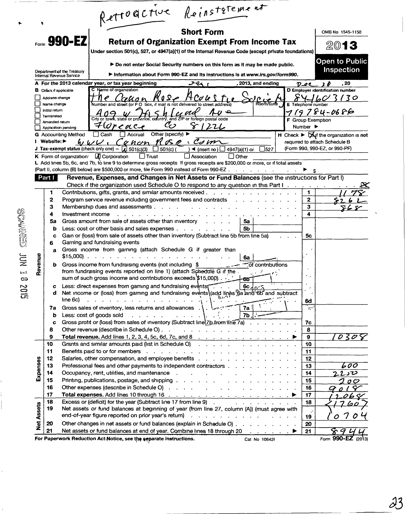 Image of first page of 2013 Form 990EZ for Canon Rose Acoustic Society