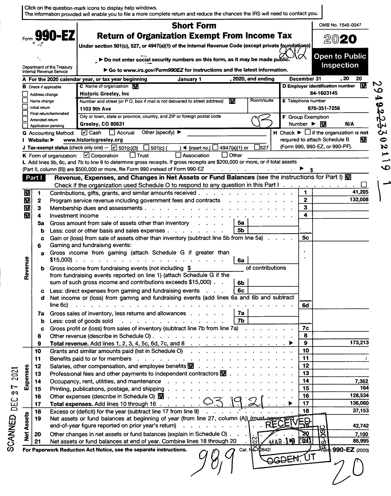 Image of first page of 2020 Form 990EZ for Historic Greeley