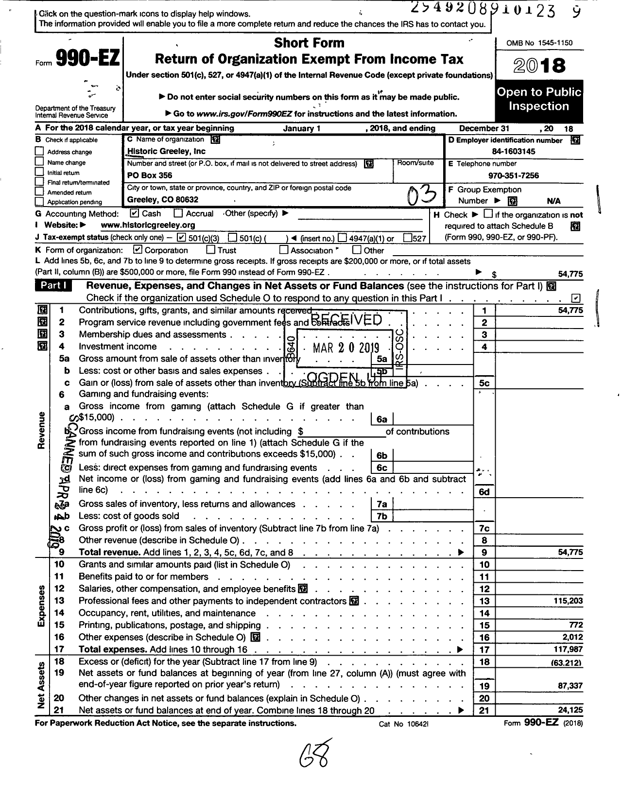 Image of first page of 2018 Form 990EZ for Historic Greeley