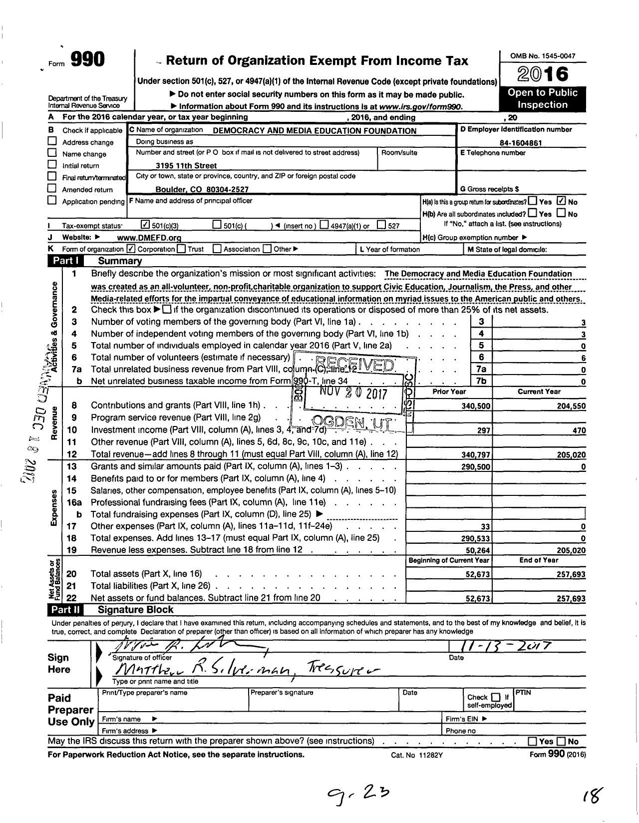 Image of first page of 2016 Form 990 for Democracy and Media Education Foundation