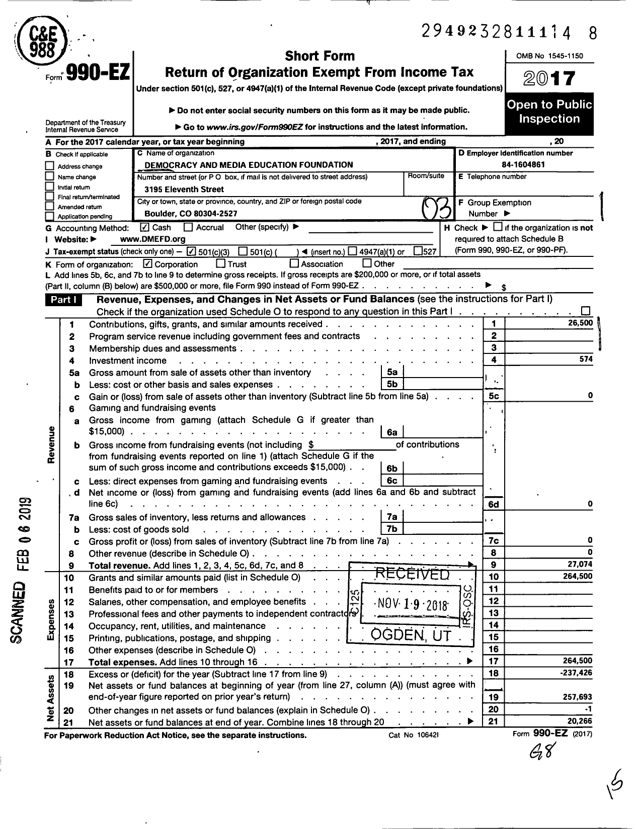 Image of first page of 2017 Form 990EZ for Democracy and Media Education Foundation