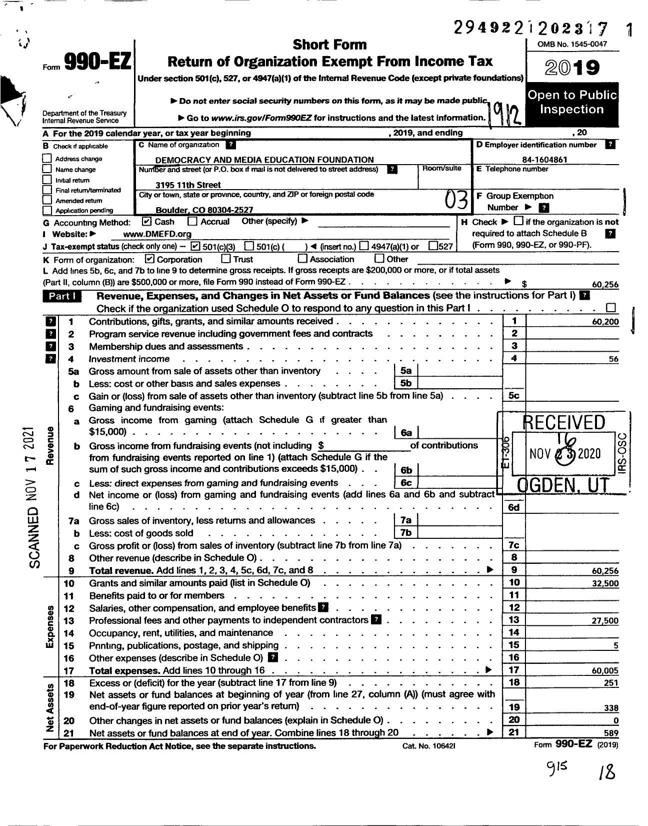 Image of first page of 2019 Form 990EZ for Democracy and Media Education Foundation