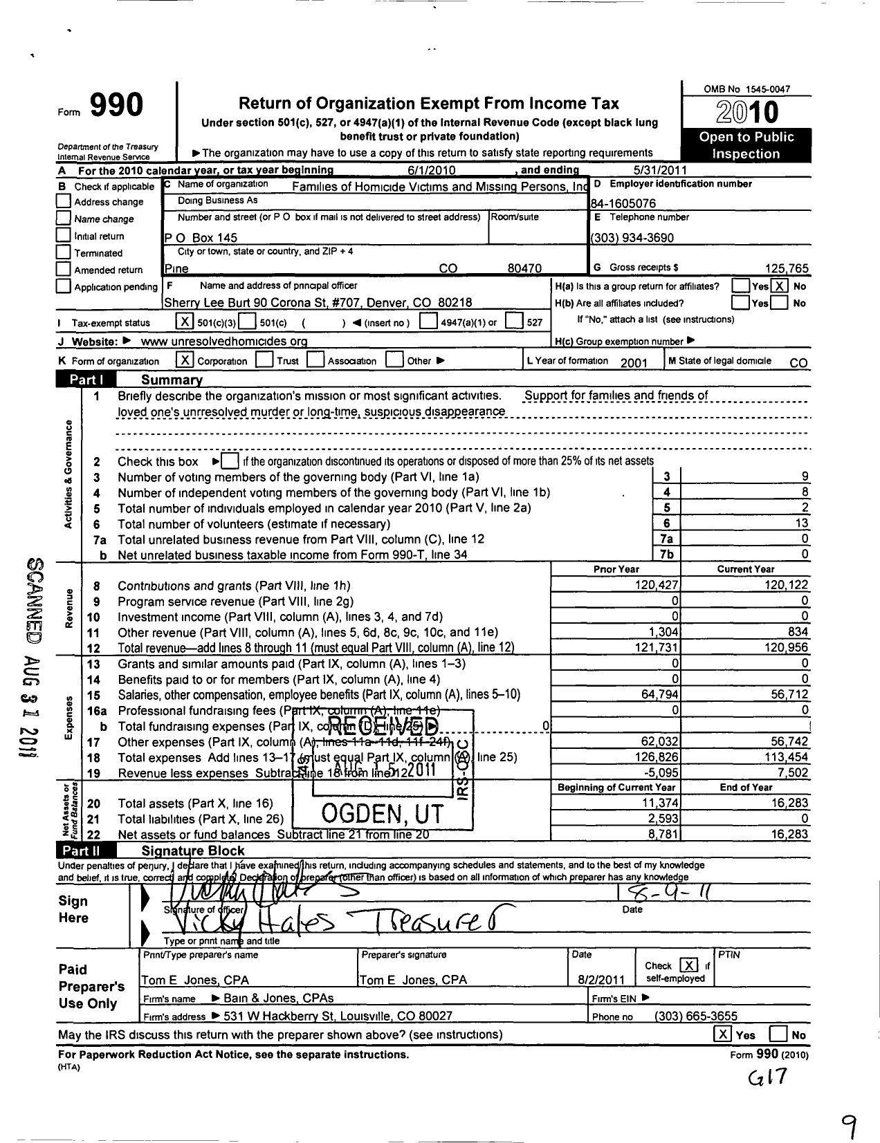 Image of first page of 2010 Form 990 for Families of Homicide Victims and Missing Persons