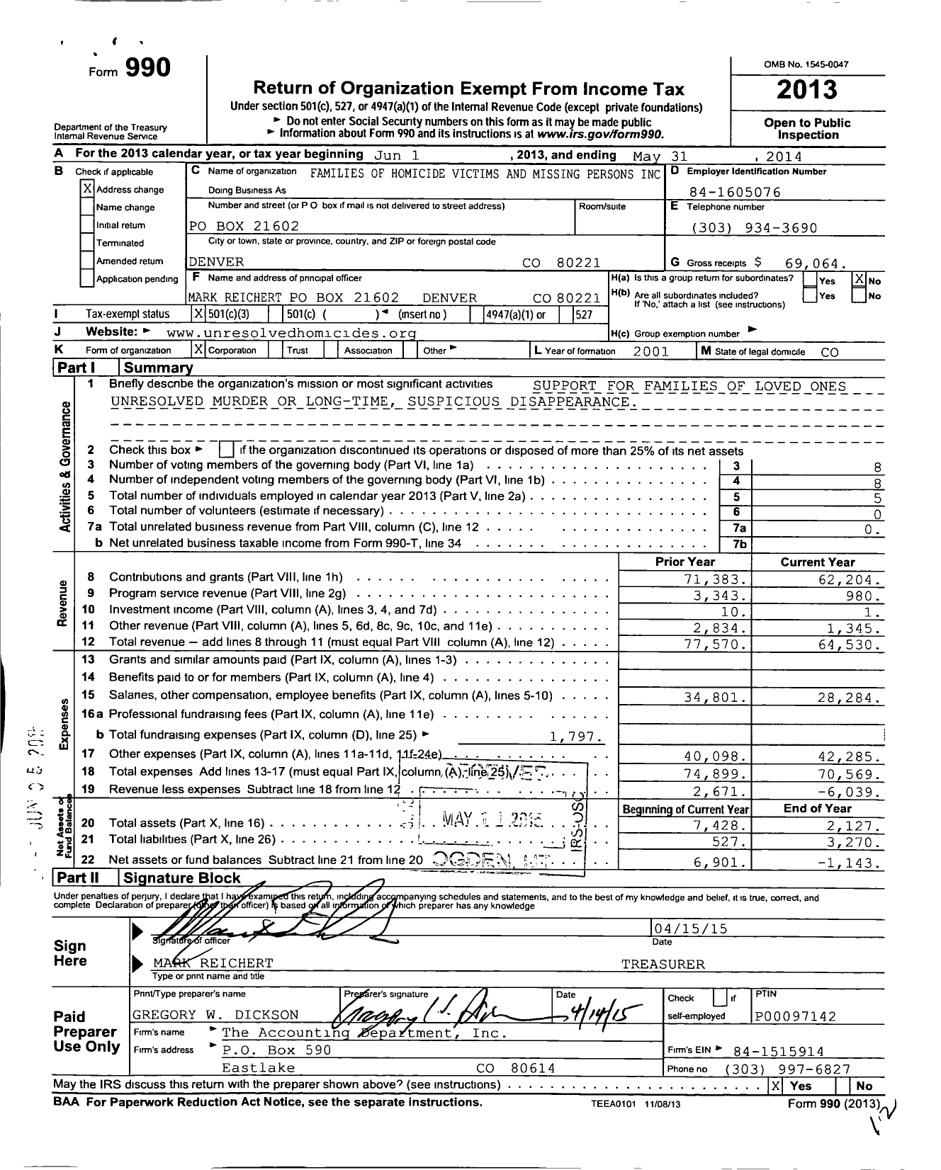 Image of first page of 2013 Form 990 for Families of Homicide Victims and Missing Persons