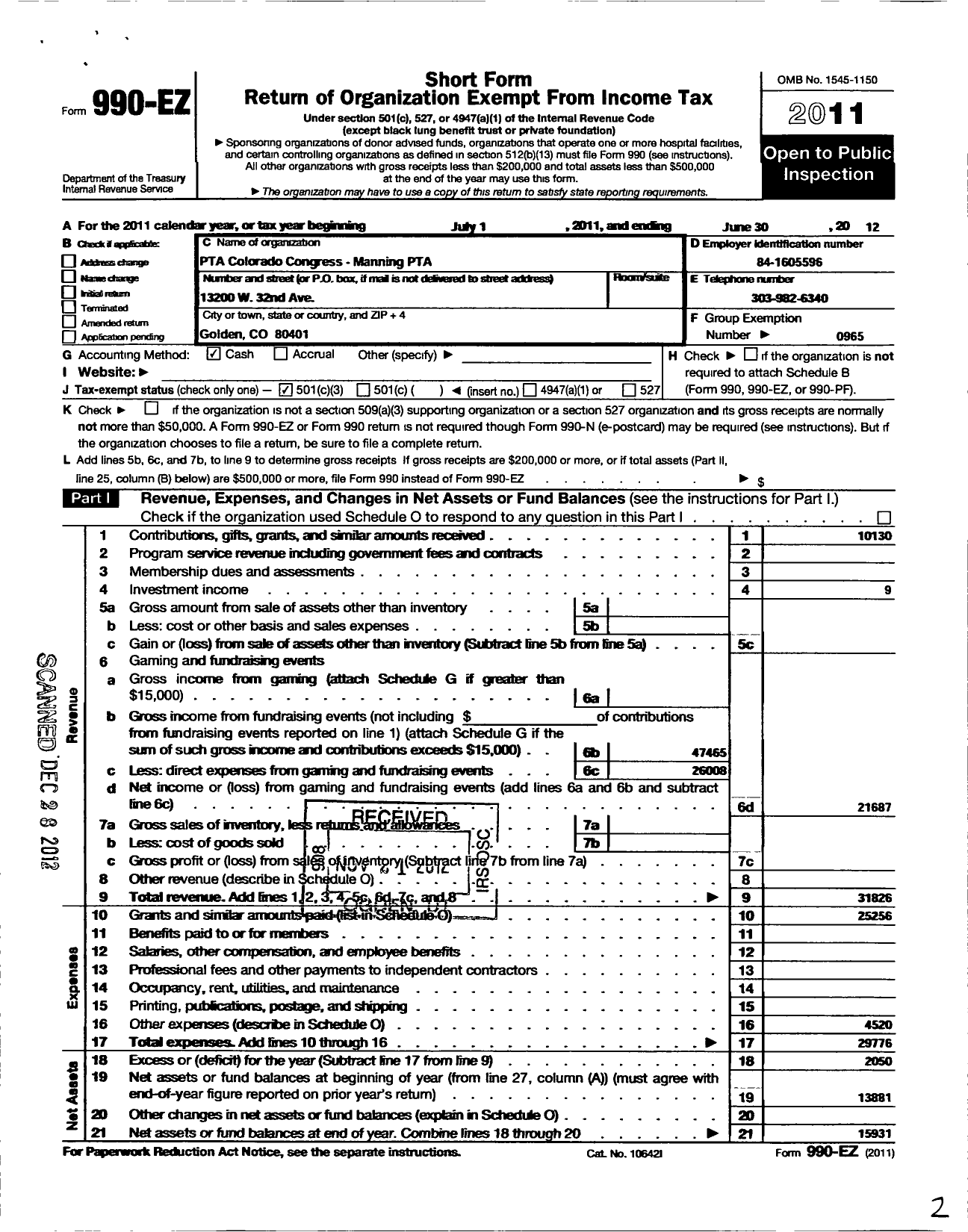 Image of first page of 2011 Form 990EZ for PTA Colorado Congress / Manning PTA