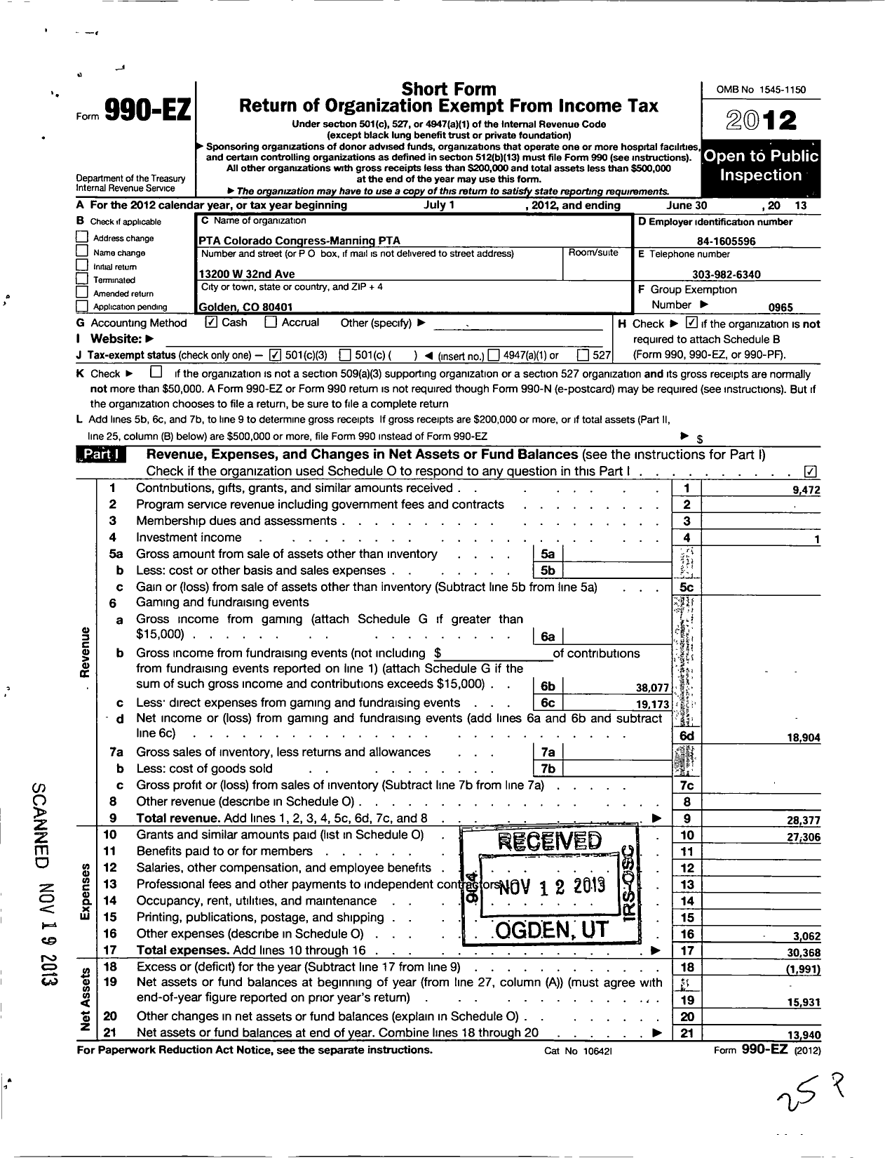 Image of first page of 2012 Form 990EZ for PTA Colorado Congress / Manning PTA