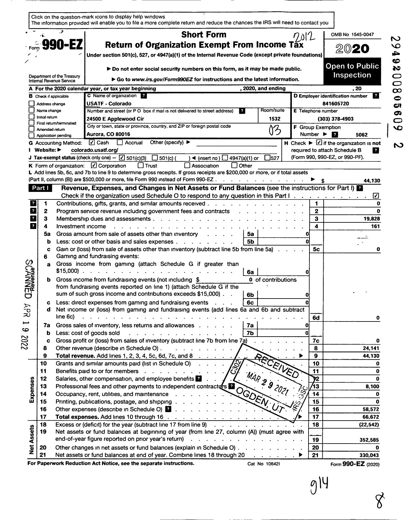 Image of first page of 2020 Form 990EZ for USATF - Colorado