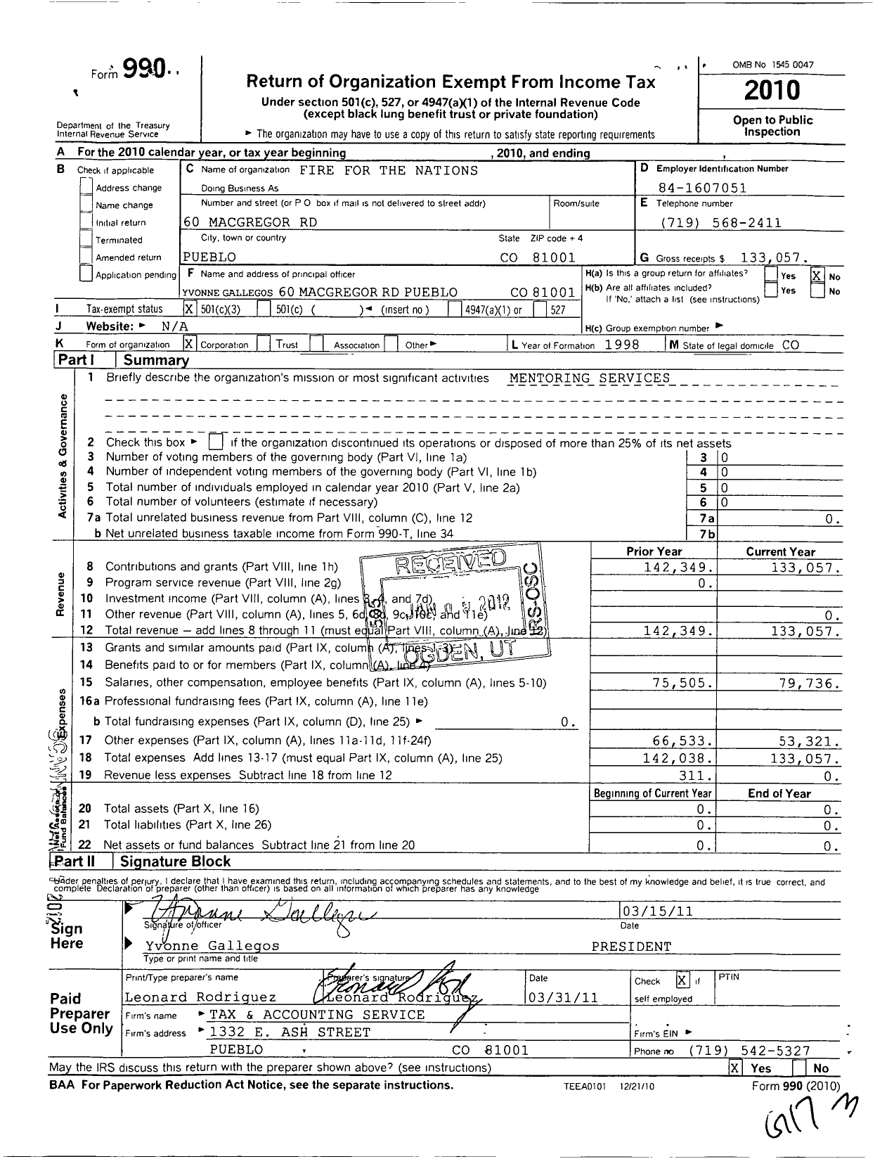 Image of first page of 2010 Form 990 for Fire for the Nations