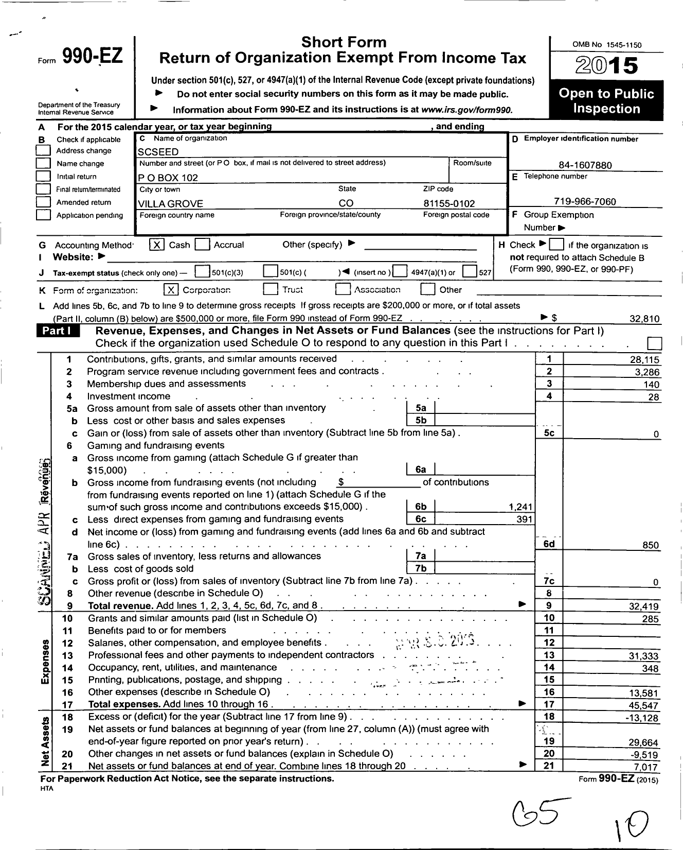 Image of first page of 2015 Form 990EO for Scseed Sagauche County Sustainable Environment and Economic Development (SCSEED)