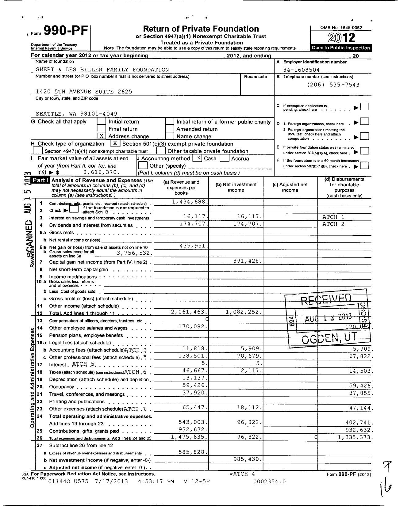 Image of first page of 2012 Form 990PF for Sheri and Les Biller Family Foundation
