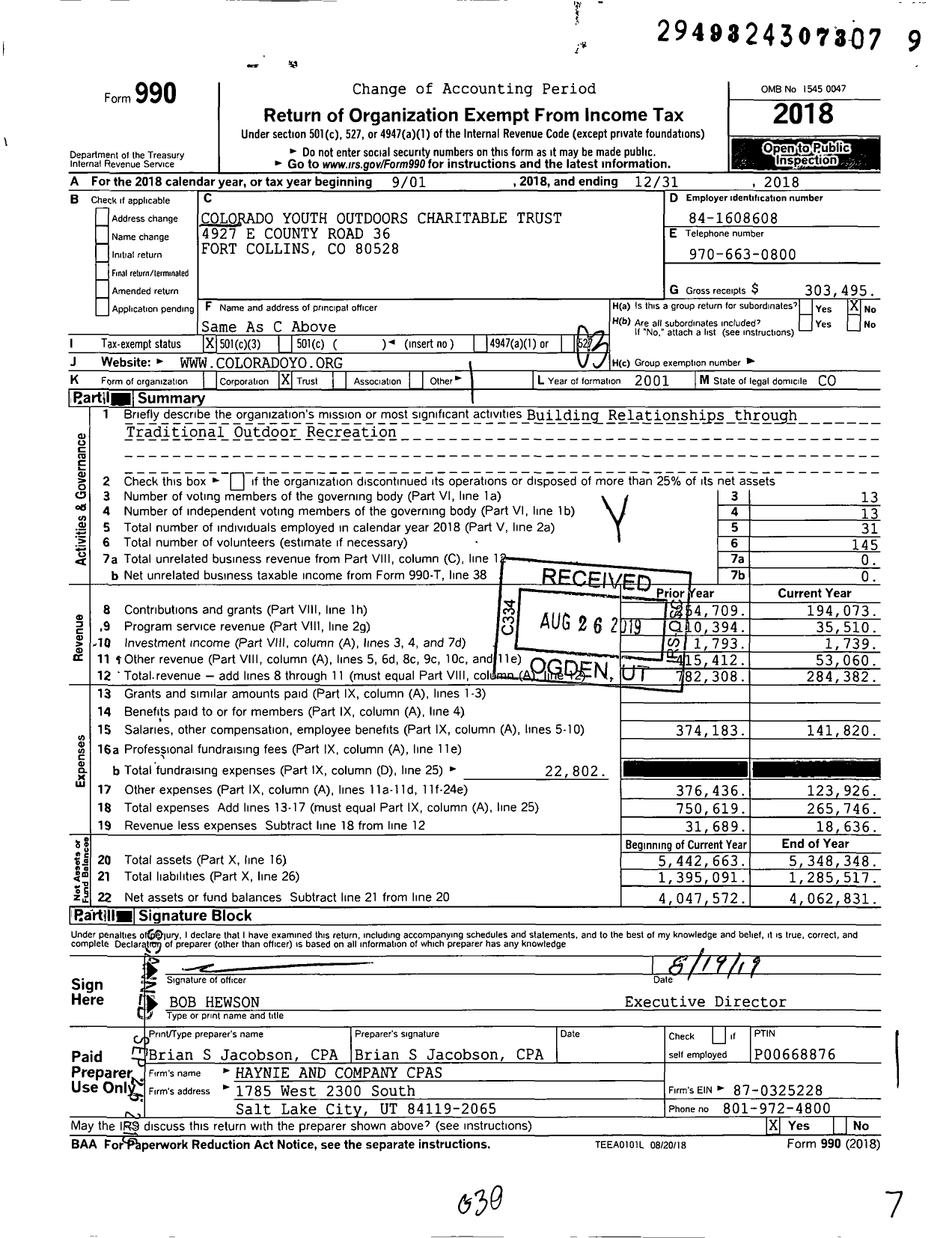 Image of first page of 2018 Form 990 for Colorado Youth Outdoors (CYO)