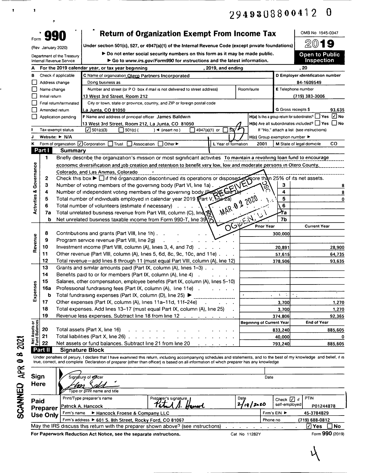 Image of first page of 2019 Form 990 for Otero Partners Incorporated