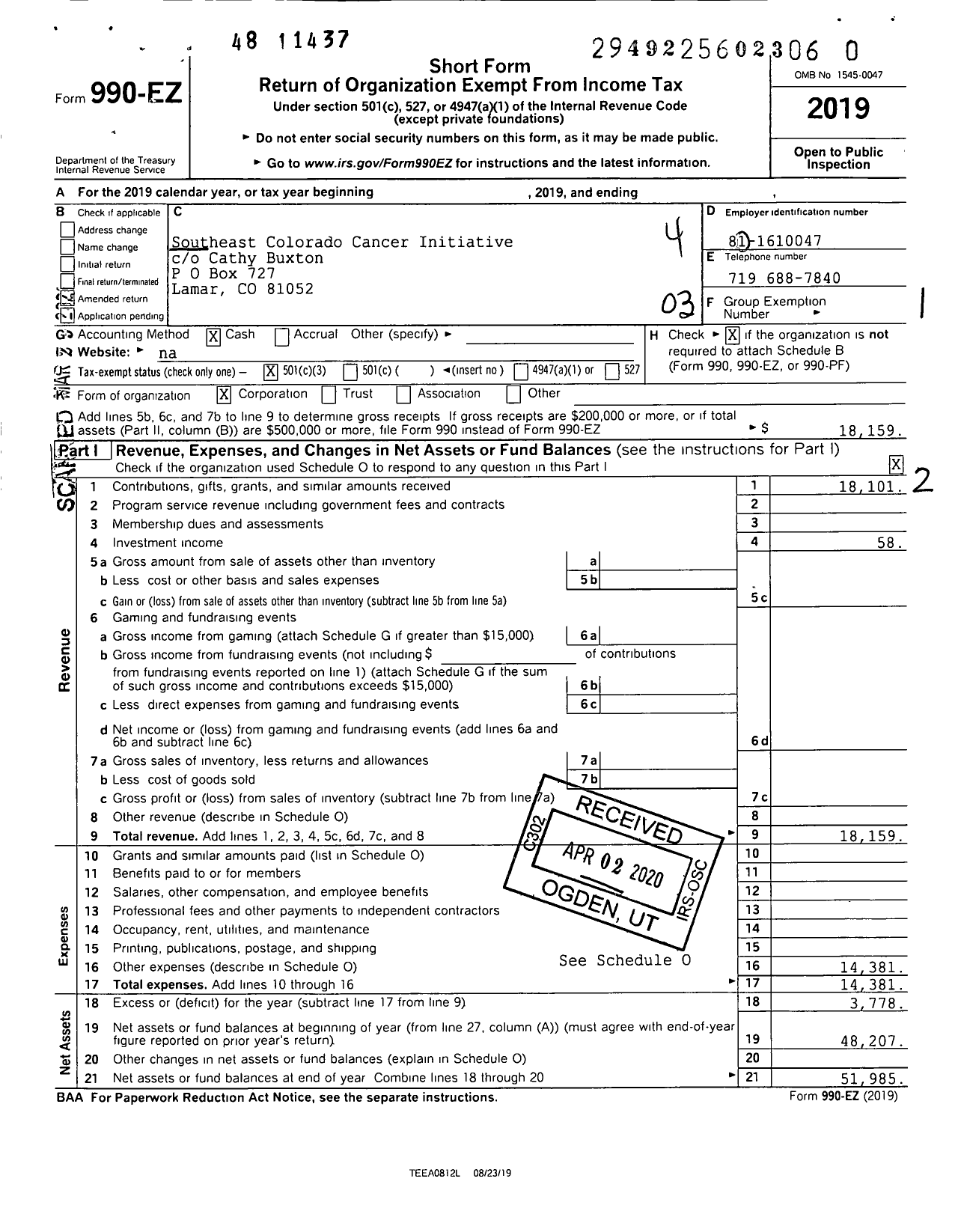 Image of first page of 2019 Form 990EZ for Southeast Colorado Cancer Initiative (SECCI)