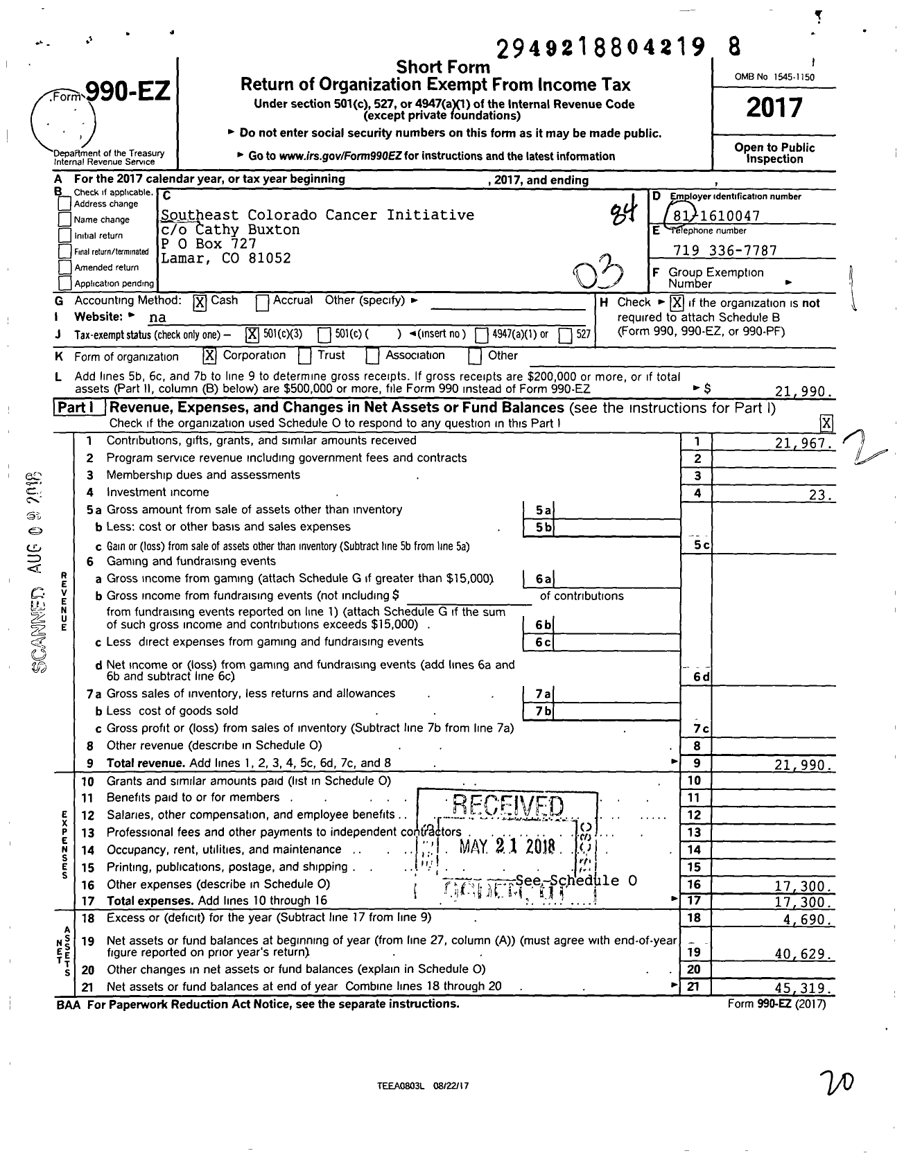 Image of first page of 2017 Form 990EZ for Southeast Colorado Cancer Initiative (SECCI)