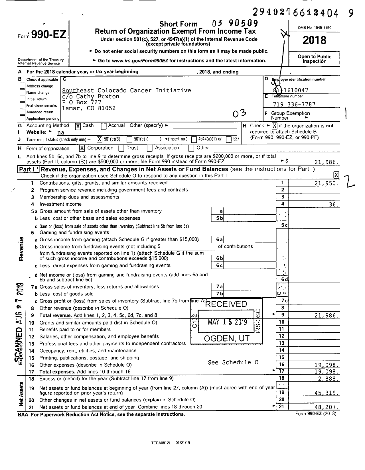 Image of first page of 2018 Form 990EZ for Southeast Colorado Cancer Initiative (SECCI)