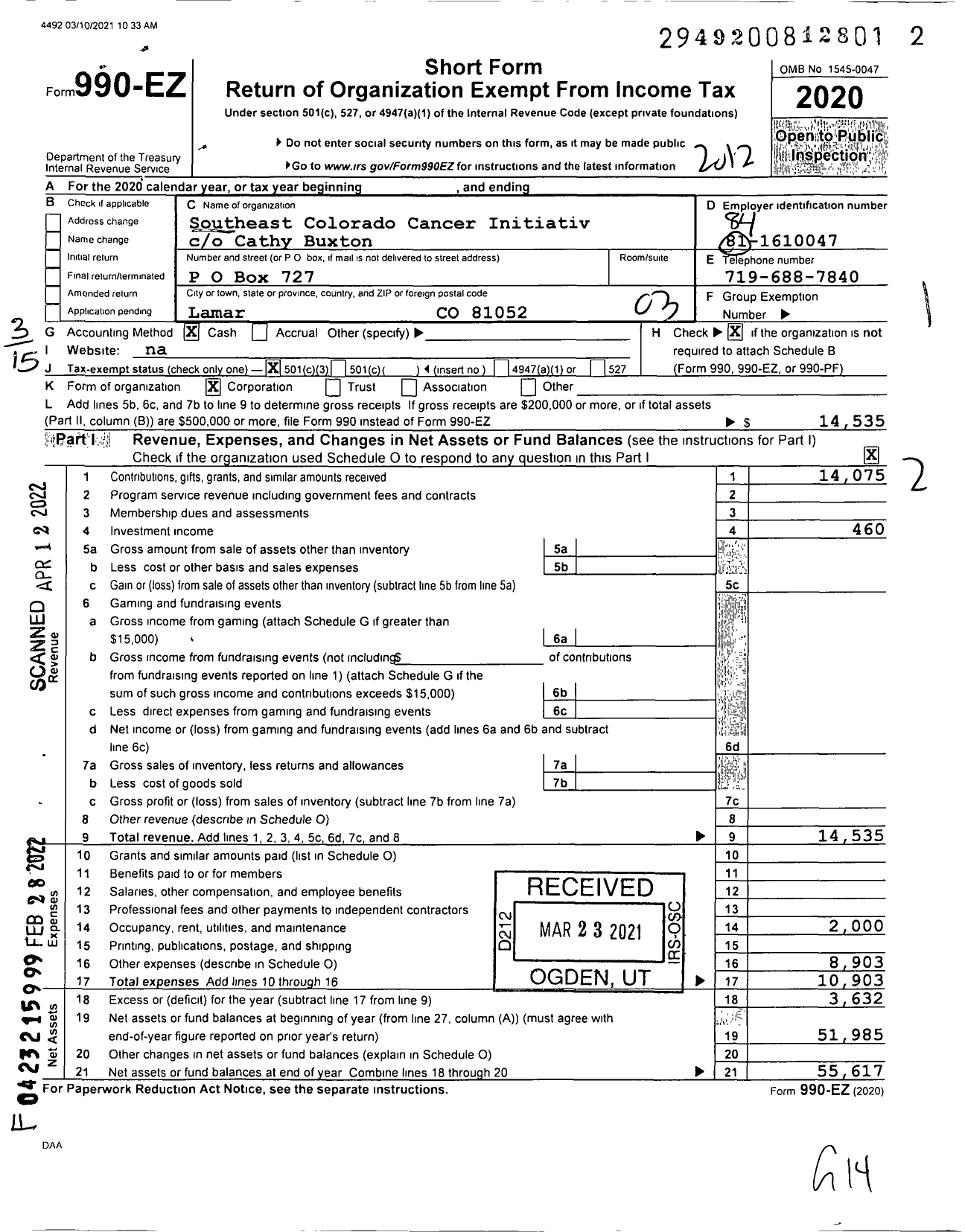 Image of first page of 2020 Form 990EZ for Southeast Colorado Cancer Initiative (SECCI)