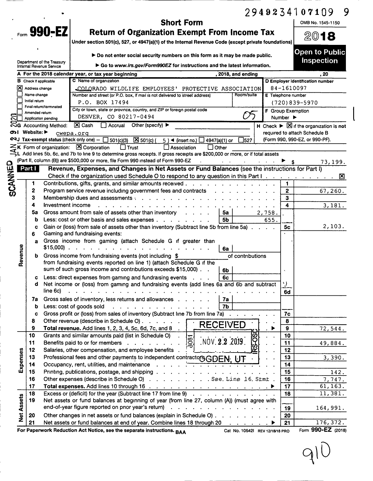 Image of first page of 2018 Form 990EO for Colorado Wildlife Employees' Protective Association