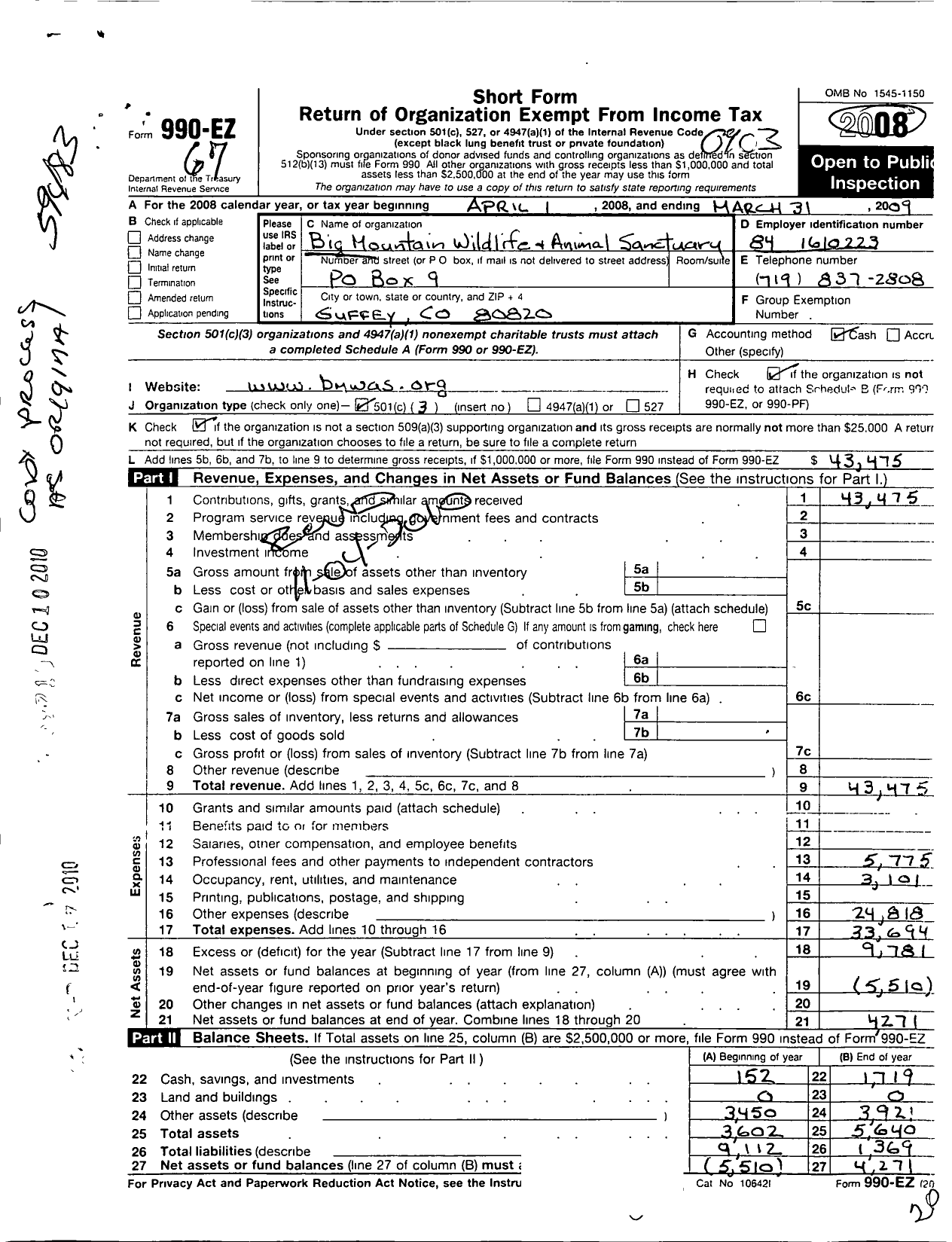 Image of first page of 2008 Form 990EZ for Big Mountain Wildlife And Animal Sanctuary