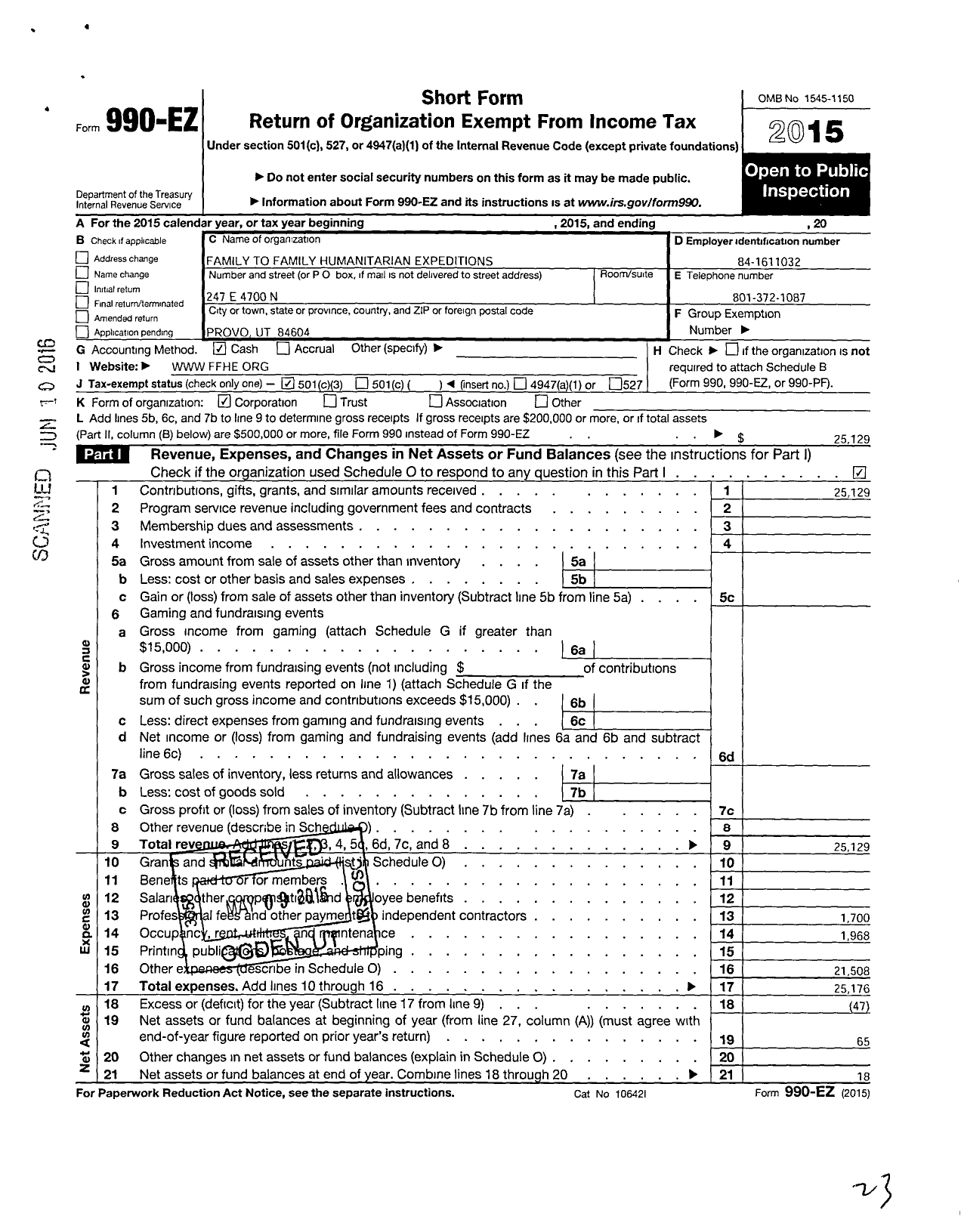 Image of first page of 2015 Form 990EZ for Family To Family Humanitarian