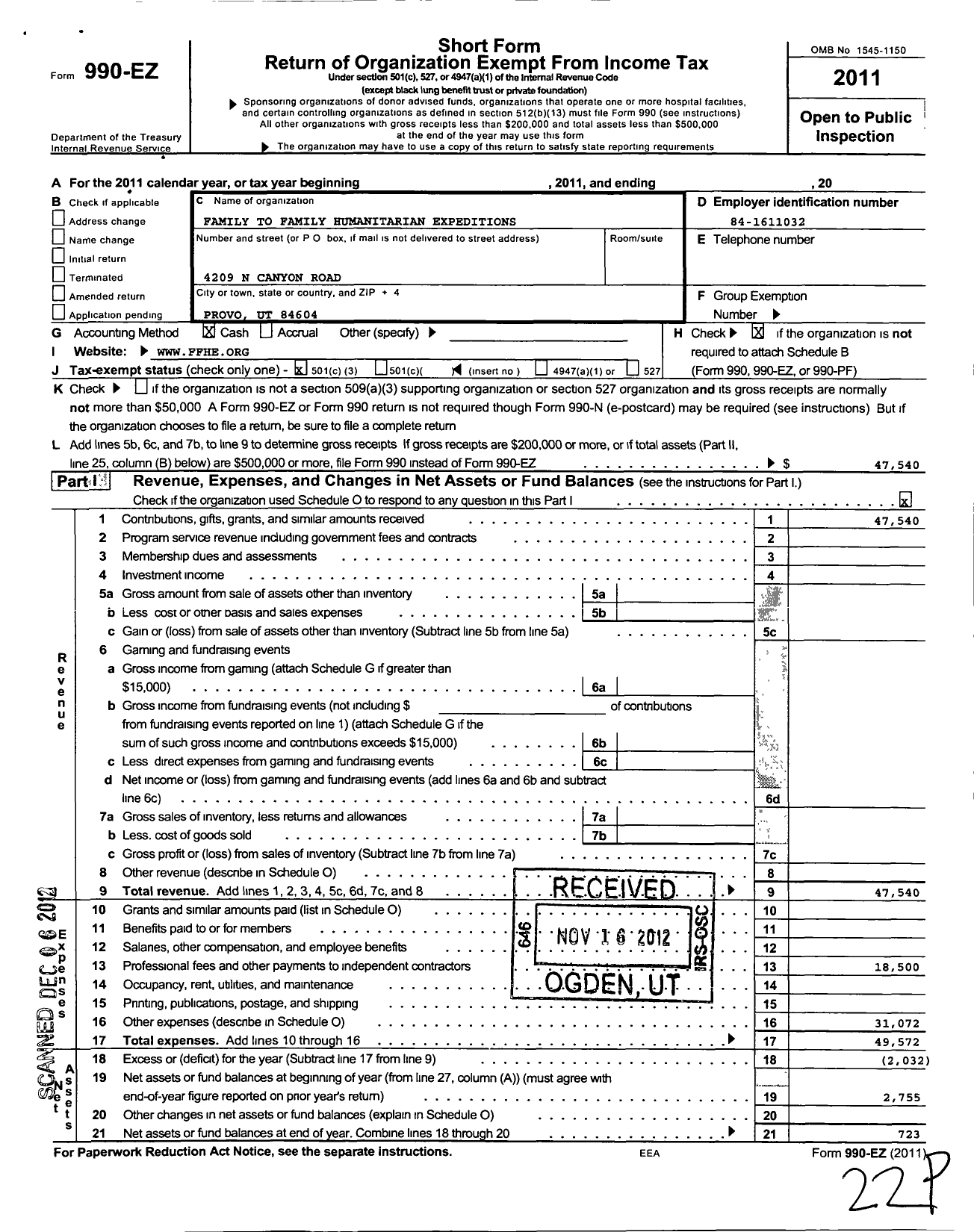 Image of first page of 2011 Form 990EZ for Family To Family Humanitarian